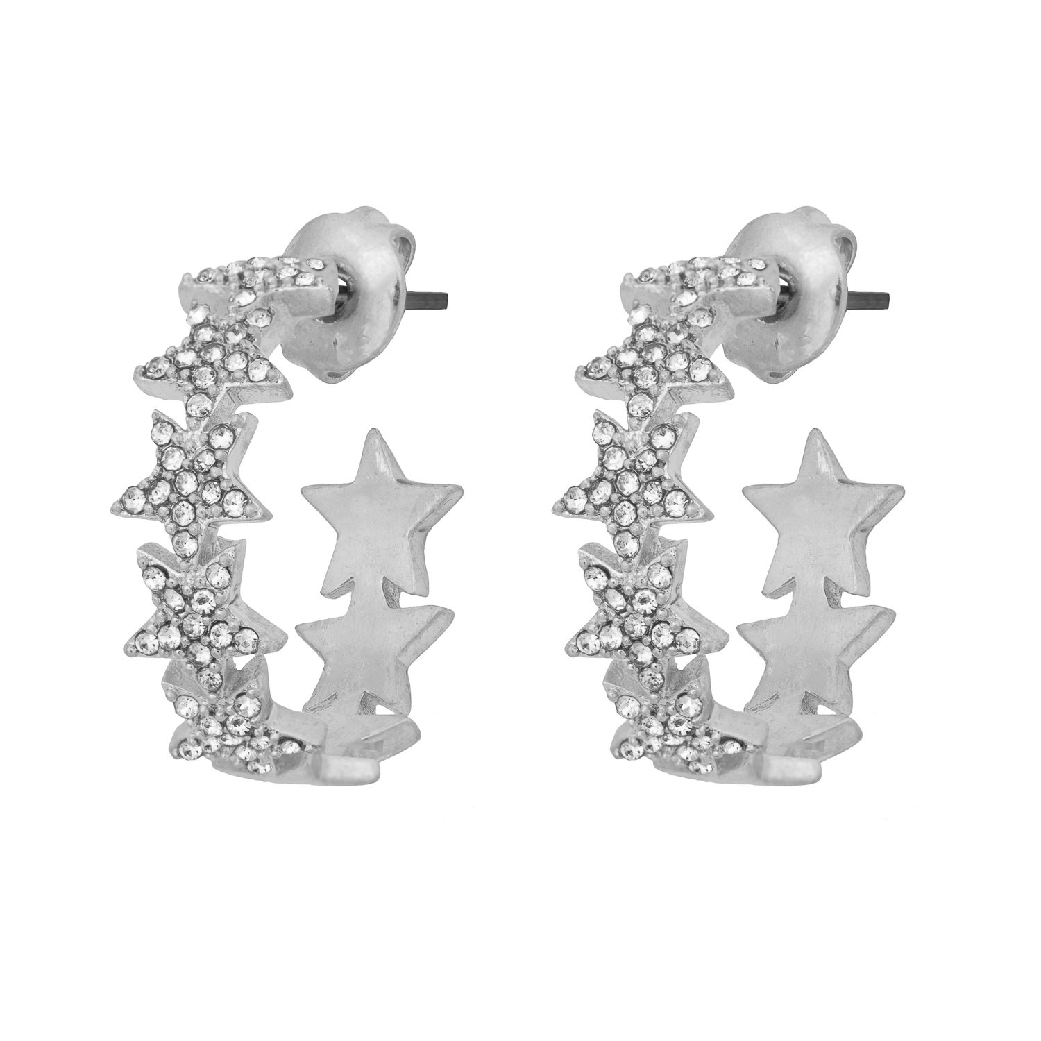 Unleash the twinkling star in you attracting attention with a subtle, yet sparkling style that can't be missed. Dazzle into the new season with these silver plated sparkly star earrings that are perfect for everyday wear for any occasion! The delicate silver tone earrings feature beautiful pave stars with a depth of 20mm. Presented in a KTx jewellery pouch to keep your jewellery safe or ideal for gifting!