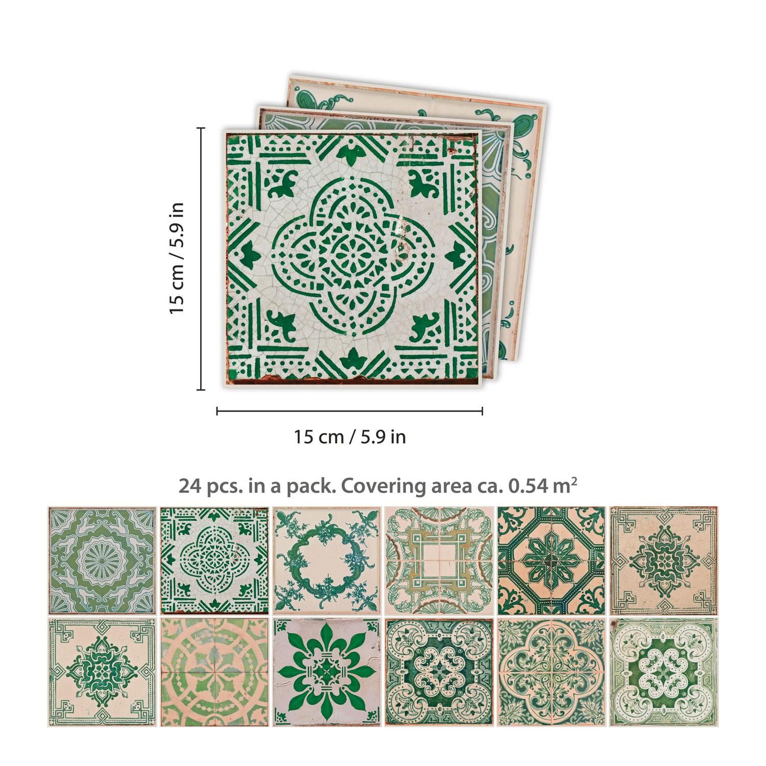 - Green pattern of azulejo was inspired by the vintage Spain tile art. The graceful combination of green and grey pattern bring you to the old town of Spain, as if the Mediterranean sun was just by your side.
- To apply, just peel and stick onto any clean, flat surfaces like wall, furniture or as window screen, and you are good to go! Easy to install and to remove without leaving a trace.
- Can be easily trimmed / cut to fit.
- Package Contains: 24 pieces of stickers 15 x 15 cm Coverage area: 0.54 square meters.