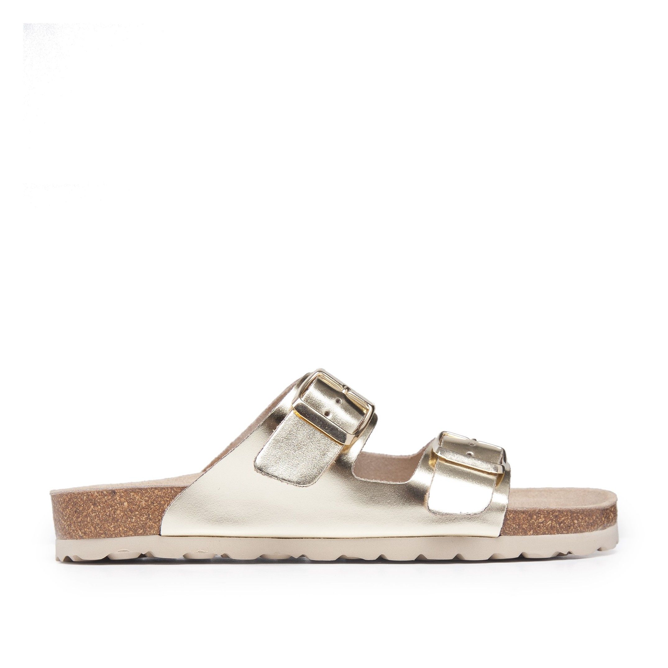 Bio sandal with double leather buckle. Adjustable metal buckle. Upper and inner made of leather. Insole: leather. Platform: 1 cm. Sole: EVA. This product is manufactured in Spain.
