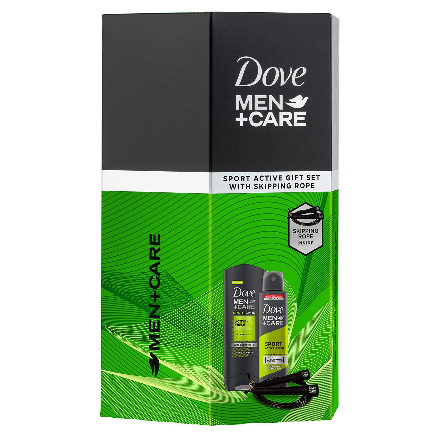 Give him the gift of care with this daily care trio gift set this Christmas. The products are designed specifically for men’s skin after sports. It’s the perfect gift to leave him feeling clean and refreshed. Dove Men + Care celebrates a new definition of strength: one with care at its centre. This gift set was designed with three Dove Men+Care products with Skipping rope to keep his skin feeling fresh and hydrated all day long. Working out is good for your mind and body. 

The best men’s body washes not only leaves you feeling refreshed, but also gives you total skin hydration. All Dove Men+Care Body Wash 250ml for men contain Micromoisture which activates on the skin and helps fight the drying out of the skin after showering. Powering out really during sports is good for the body and mind. But did you know that sports can also irritate your skin  Sweat, the friction generated by movements, frequent showering and even drying with the towel stress your skin and can lead to dry skin feeling, irritation and irritation. The Dove Men+Care Deodorant Spray 150 ml Sport Active Fresh + Antiperspirant is specially developed for the care of men's skin - even after sports.

Features:
For freshness before and after sport
Contains ¼ care cream to protect against skin irritations
Sport deodorant spray for men
Effective against sweat, gentle on the skin

Safety Warning:
Body Spray: Stop use if rash or irritation occurs. Avoid direct inhalation. Use in short bursts in well-ventilated places, avoid prolonged spraying. Do not spray near your eyes. Use only as directed. 
Body Wash: Use only as directed. Avoid contact with eyes. If eye contact occurs wash out immediately with warm water. If irritation occurs discontinue use.

Gift Set Includes:
1x Dove M+C Sports Active Body Wash 250ml
1x Dove M+C Sports Active Antiperspirant 150ml with Skipping Rope
