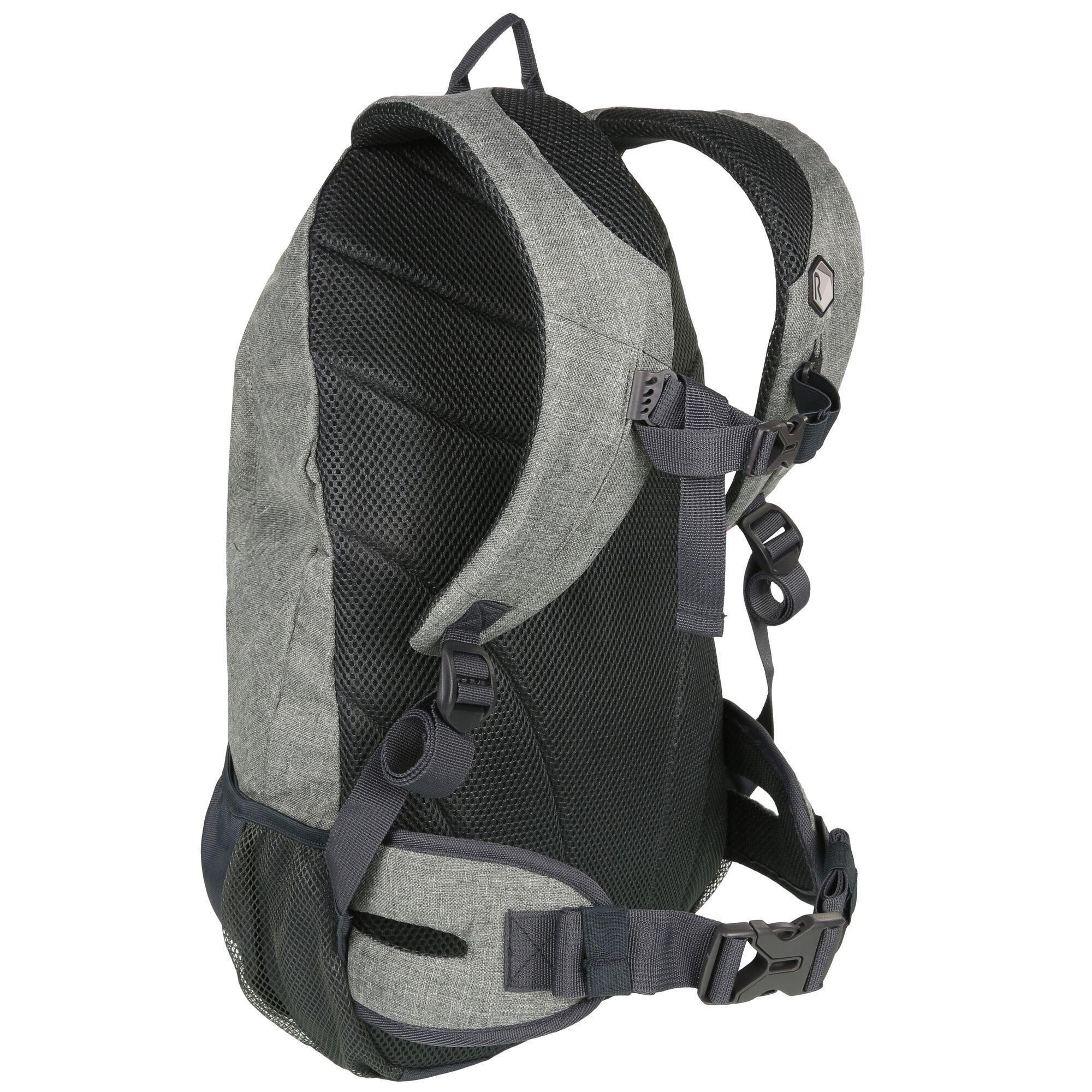 35 litre capacity. Hardwearing 600D polyester. Air mesh back construction to allow ventilated airflow. Air mesh cushioned hip belt. Adjustable sliding chest harness. Bungee on the front offers additional storage. Easy grab zip pullers. Zipped front pocket. Internal key clip. Side mesh water bottle pockets. Internal security pocket. Reflective trim.