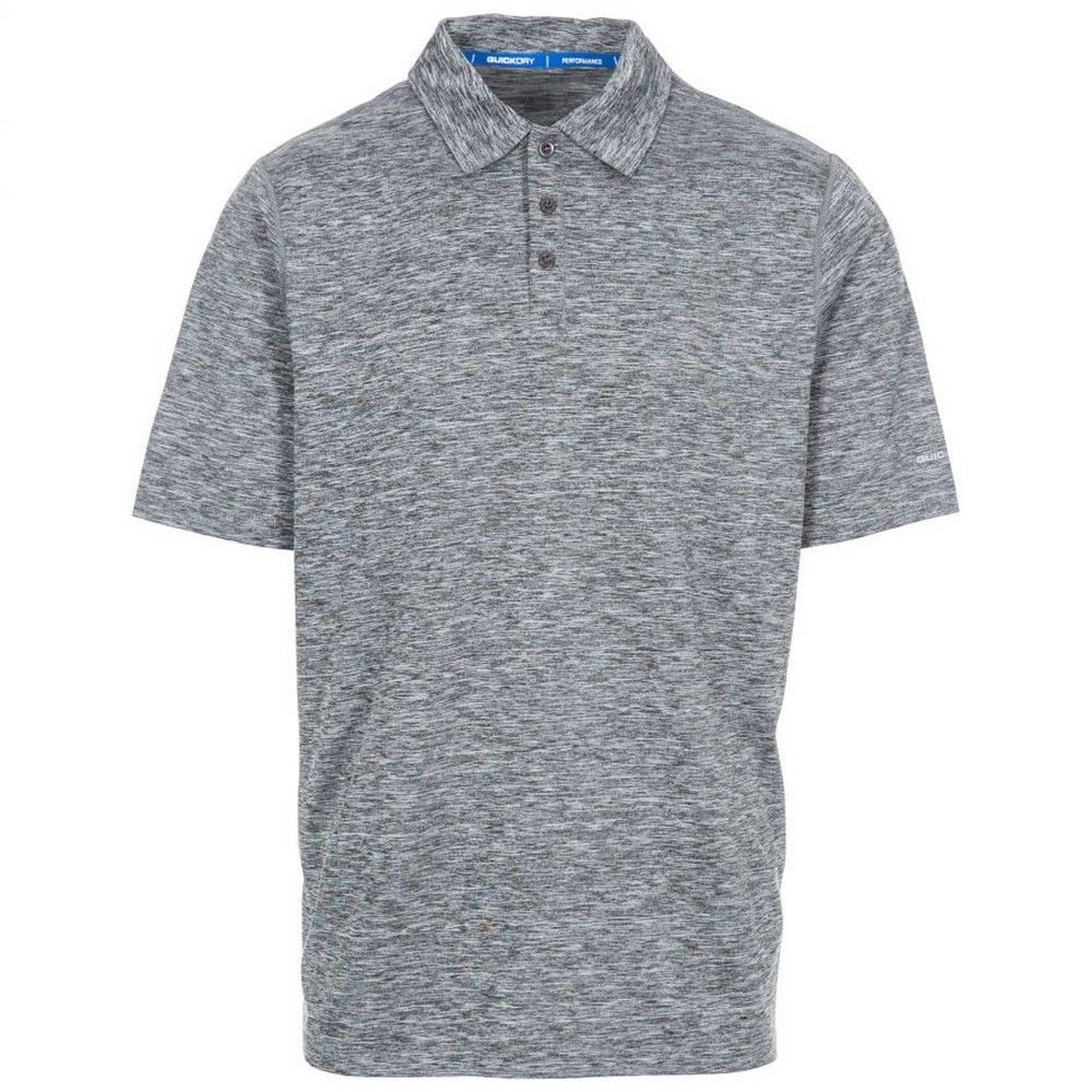 Marl fabric. Sweat wicking. Short sleeve. Button fastening.  Textured look. Material: 96% Polyester, 4% Elastane.