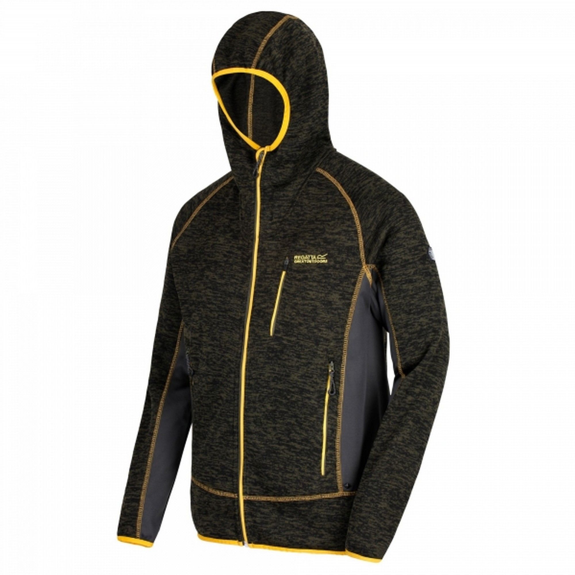 Mens hooded jacket made of 265gsm Polyester marl knit effect fleece. Extol stretch side, hood and underarm panels. Grown on hood. 2 zipped lower pockets and 1 zipped chest pocket. Stretch binding to hood opening, cuffs and hem. Ideal for wearing outdoors on a cold day. 100% Polyester.