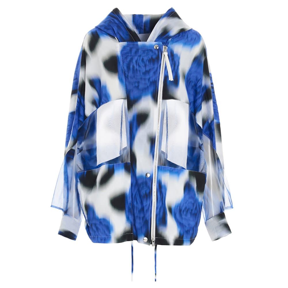 Kenzo jacket with all over print, hood, zip and transparent tulle detail.