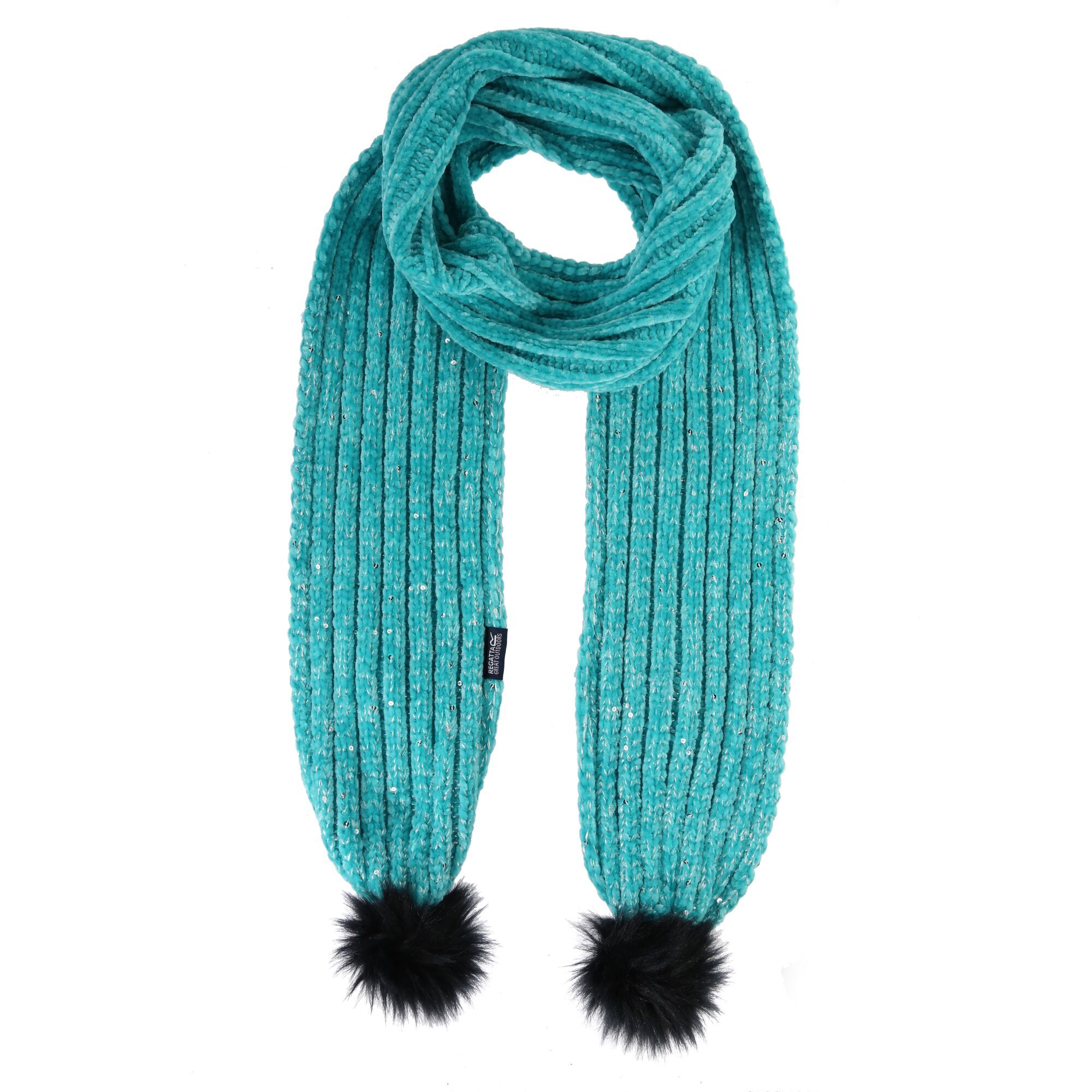 Material: 50% polyester, 50% acrylic. Winter ready and super cute, the Hedy Lux Scarf is made of easy-care acrylic yarn with a smattering of sequins and finished with faux-fur pom poms.