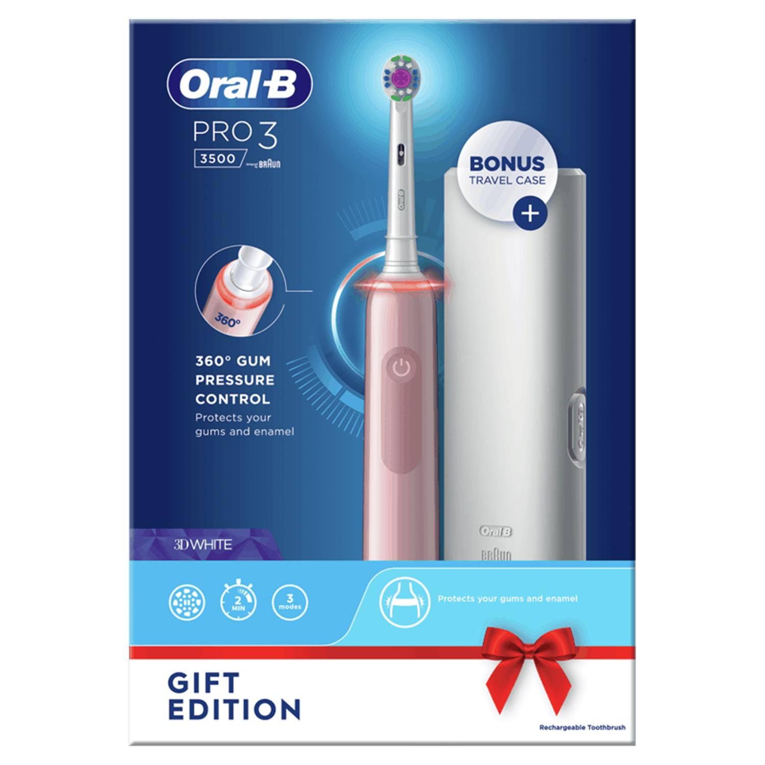 Oral-B Pro 3 3500 Electric Toothbrush with Smart Sensor Cross Action, Pink

Experience Oral-B Pro 3 from the #1 brand used by dentists worldwide. The sleek handle of the Pro 3 electric toothbrush helps you brush like your dentist recommends: It helps you brush for 2 minutes with the professional timer and it notifies you every 30 seconds to change the area you are brushing. 

While you are just moving the brush around your mouth, Oral-B's unique round head does all the rest. It removes up to 100% more plaque than a standard manual toothbrush for healthier gums and it starts making your smile whiter as of the first day of brushing by removing surface stains. 

Not only this, but the toothbrush helps you protect your delicate gums with the 360 ÌŠgum pressure control technology that reduces brushing speed and alerts you to be gentler if you brush too hard. Oral-B Pro 3 is the must-have brush for everyone who wants to switch to an electric toothbrush and improve their oral health.

For a Clean that Wow: remove bacteria by removing up to 100% more plaque vs. a manual toothbrush
Deep Cleaning & Healthier Gums: With 360 ÌŠ Gum Pressure Control that visibly alerts you if you brush too hard
3 Brushing Mode: Daily clean, whitening and sensitive

Features:
Battery lasts more than 2 weeks with 1 charge with the Lithium-ION battery
Helps you brush like your dentist recommends
Helps you brush longer with the 2 minutes embedded timer
It removes up to 100% more plaque than a standard manual toothbrush
An ideal gift set 

Package Includes: 1x Oral-B Pro 3 Electric Toothbrush with Smart Pressure Sensor, 3500, Pink