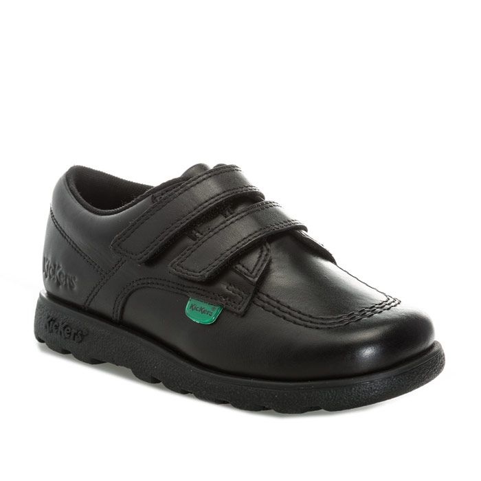 Infant Boys Kickers Fragma Lo Strap Leather Shoes in Black<BR><BR>- Tonal finish<BR>- Hook and loop strap fastening<BR>- Padded collar<BR>- Iconic red and green branded tabs to sides<BR>- Smooth leather upper<BR>- Embossed branding <BR>- Leather Upper  Textile Lining  Synthetic Upper<BR>- Ref: 114832