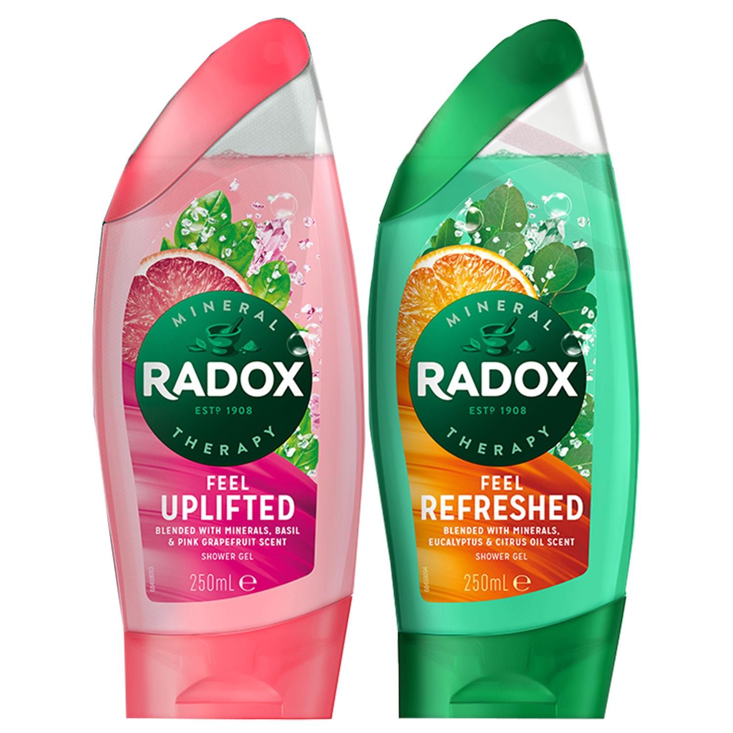 Radox Refreshing Wash Bag Gift Set Is it even Christmas if you haven't got your hands on a Radox Refreshing Gift Set It's a tradition. One that means we can start the day fresh and keep feeling fresh all day long. One that means you're not struggling to find last-minute Christmas gifts year after year. And you can't go wrong with Radox Refreshing WashBag Gift Set, made up of Feel Uplifted Shower Gel 250ml and Feel Refreshed Shower Gel 250 ml. There'll be no need to fake happiness when unwraps this gift set. Trust us. That's why we've created the ultimate gift set packaged in a classy but modern wash bag to make fresh-feeling self anywhere. Radox Feel Uplifted Shower Gel contains the heavenly scent of basil mixed with the citrusy tang of grapefruit to make you feel delightfully uplifted. Leaves your skin feeling refreshed and cleansed. A refreshing shower gel and cleanser. Radox Feel Refreshed Shower Gel transforms your mood and provides you with an invigorating shower experience when you need that energy boost to help you feel better. It contains natural ingredients chosen to help revitalize and invigorate your body and mind. 

Features: 
Full of natural herbs to provide the sensual stimulation you want, whether its relaxation, stimulation, muscle pain relief, Radox has the formulation for you. Combinations are specially designed to unleash a mood, whether you want to be ready or refreshed, uplifted or soothed. 
Radox Shower Gels are pH neutral and dermatologically tested. 
Suitable for all skin types. 

Safety Warnings: Avoid contact with eyes. In case of contact, rinse thoroughly with water. The product contains menthol. If you experience discomfort, please stop use. 

Gift Set Includes: 1x Feel Uplifted Shower Gel 250ml 1x Feel Refreshed Shower Gel 250 ml 1x Waterproof Lining WashBag
