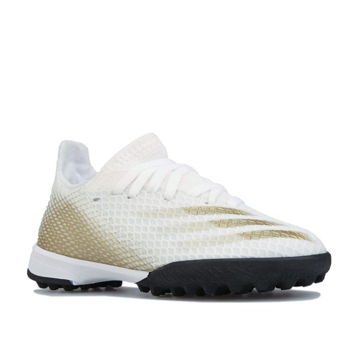 Childrens adidas X Ghosted.3 Turf Football Boots in white gold.- Water-resistant mesh upper.- Lace fastening.- Regular fit.- Football boots for artificial turf.- Stretchy tongue. - EVA midsole.- adidas branding.- Rubber sole.- Textile and synthetic lining  Synthetic sole.- Ref.: EG8214
