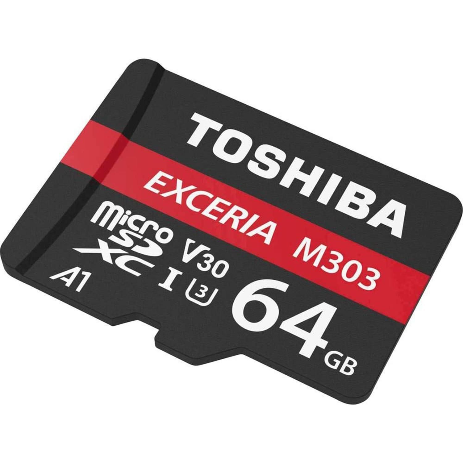 Toshiba M303 Memory Card 64GB microSDXC, 98 MB/s, Class 10, UHS-I, U3, V30, A1 with  Adapter 

Always in your pocket put the latest Toshiba SD Cards in your digital camera or your mobile device and expand your storage. Now you can take hundreds of pictures with your smartphone or store songs and videos.
Due to ultra-fast read speeds and large capacity, the Toshiba microSD card series is designed for 4K and Full HD video recording and rapid image capture. 

Features :
Specialized for 4K/full HD recording.
Designed for extreme environment usage.
Perfect for mobile devices.
Highly durable - waterproof (IPX7), shockproof and X-ray proof.

Specifications :
Package Dimension : 15x10x1cm Approx.
Read speed: Up to 90MB/s
Available capacities: 64GB
Note: Compatible with all devices supporting SDXC standards.

Package contains:1x Toshiba M303 Memory Card 64GB microSDXC, 98 MB/s, Class 10 with  Adapter 