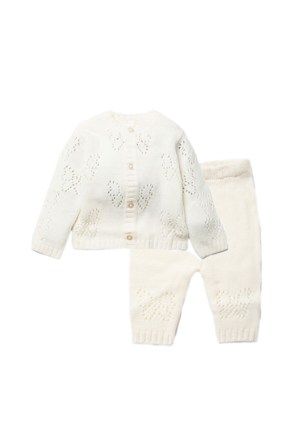 This Rock A Bye Baby Boutique four-piece set features a knitted cardigan, bottoms, a hat, and mitts. The knitted cardigan features an adorable bow print and button detailing. The trousers have the same bow print and an elasticated waistband. The waistband ties together the hat and mitts. This piece is perfect for keeping your little one comfortable and cosy. The set has adorable detailing and comes in lovely, boxed packaging, a lovely gift for the little one in your life.