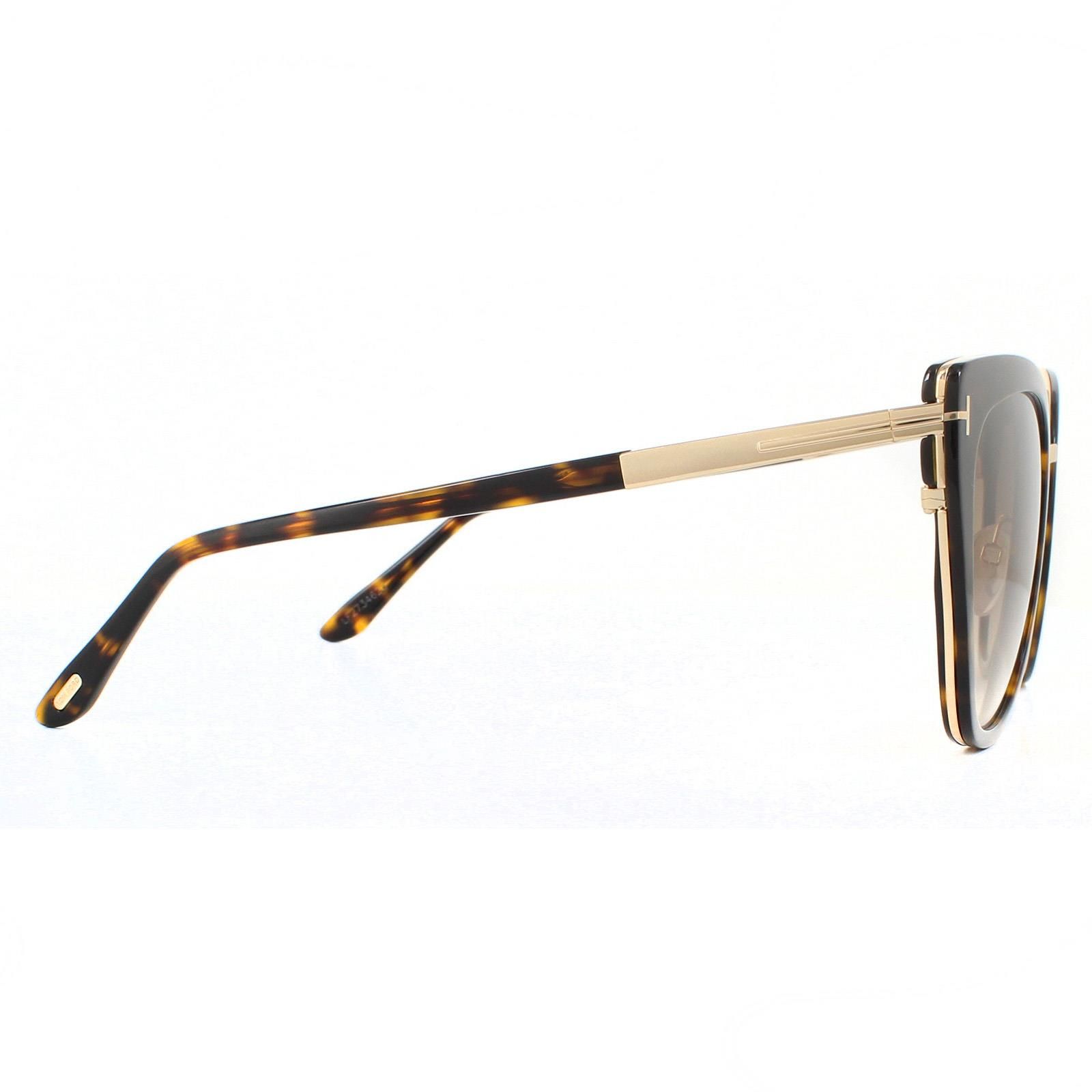 Tom Ford Sunglasses Simona FT0717 52F Shiny Dark Havana Brown Gradient are an elegant cat eye design with a plastic frame front and matching temple tips. Signature Tom Ford T logos wrap around the outer corners and along the temples.