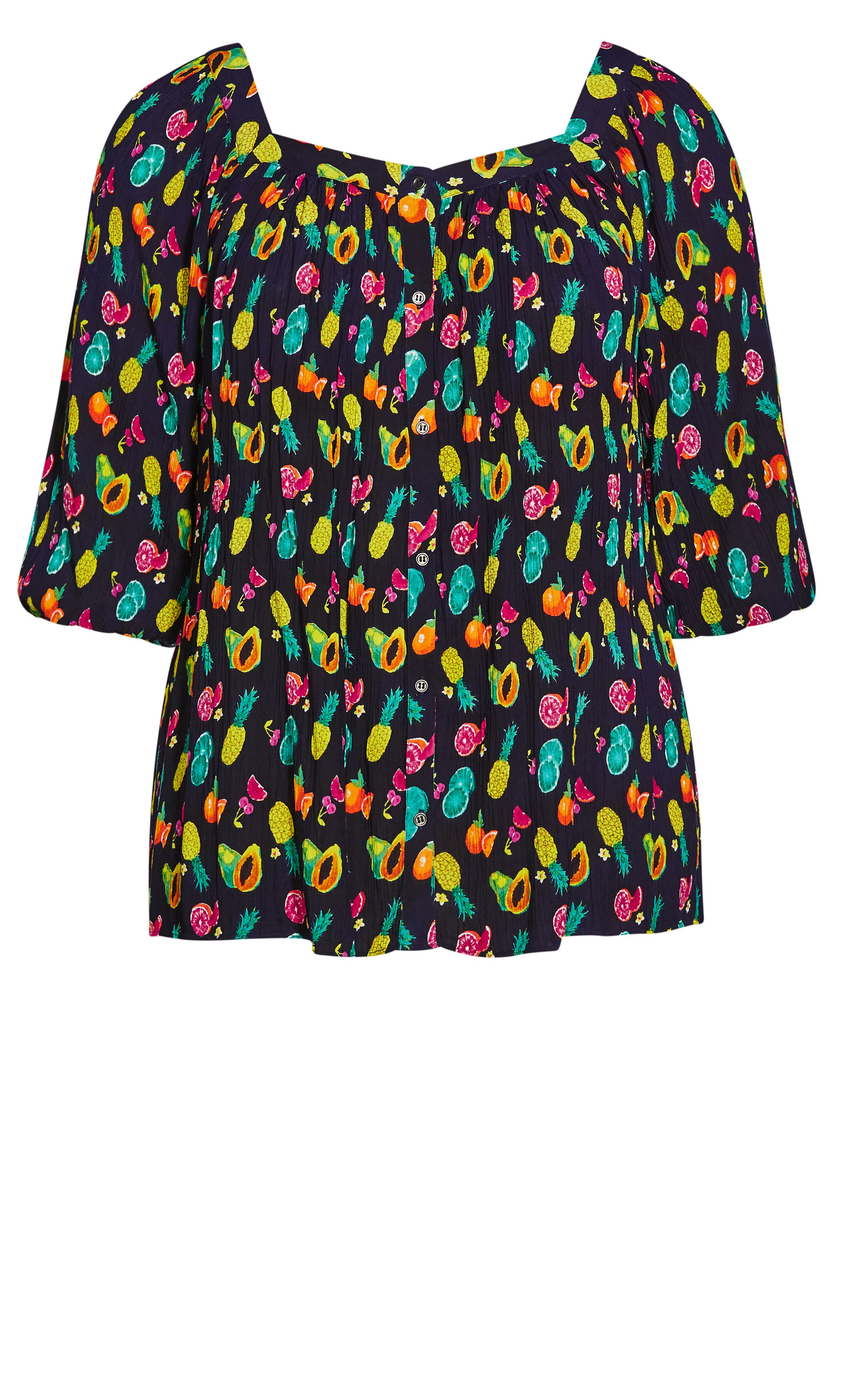 A little bit playful and all kinds of stylish, the Fruit Button Through Top brings a youthful touch to any wardrobe. Featuring a square neckline, lightweight fabrication and fun-loving fruit print for major summer vibes, this breezy blouse ticks all the boxes! Key Features Include: - Square neckline - 3/4 sleeves - Textured non-stretch fabrication - Relaxed fit - Pull over style - Unlined - Hip length Team with skinny jeans, espadrilles and a bold lip for an upstyled Saturday outfit.
