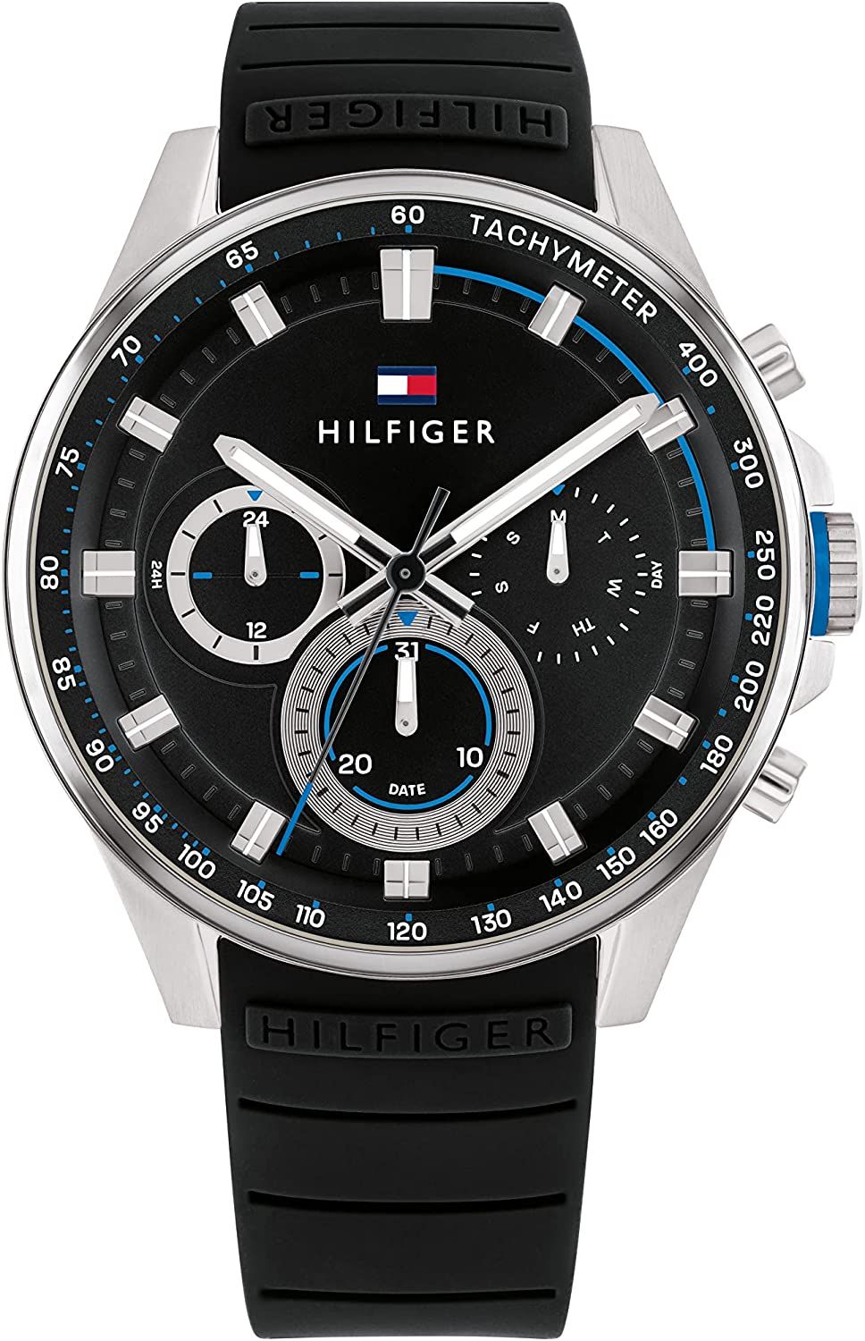 This Tommy Hilfiger Max Multi Dial Watch for Men is the perfect timepiece to wear or to gift. It's Silver 45 mm Round case combined with the comfortable Black Silicone watch band will ensure you enjoy this stunning timepiece without any compromise. Operated by a high quality Quartz movement and water resistant to 5 bars, your watch will keep ticking. Thanks to its ultra-soft silicone strap and its iridescent dial, it will bring a fashionable and modern touch to all your outfits!The choice is yours! -The watch has a calendar function: Day-Date, 24-hour Display, Tachymeter High quality 21 cm length and 20 mm width Black Silicone strap with a Buckle Case diameter: 45 mm,case thickness: 10 mm, case colour: Silver and dial colour: Black