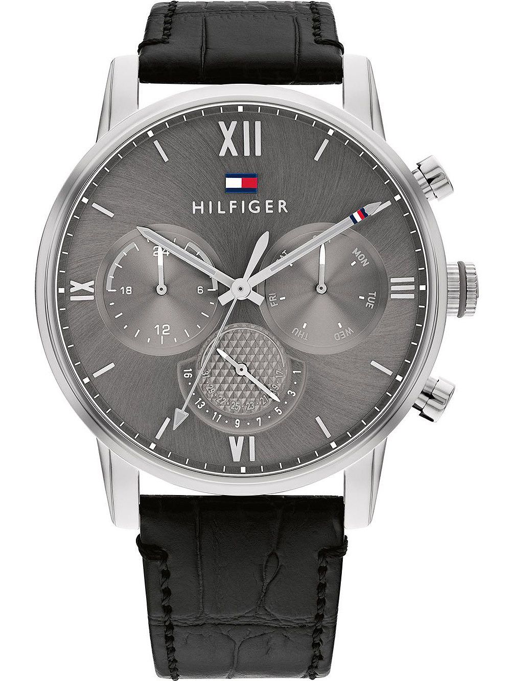 This Tommy Hilfiger Sullivan Multi Dial Watch for Men is the perfect timepiece to wear or to gift. It's Silver 44 mm Round case combined with the comfortable Black Leather watch band will ensure you enjoy this stunning timepiece without any compromise. Operated by a high quality Quartz movement and water resistant to 5 bars, your watch will keep ticking. Get all the comfort with this fashionable croco-embossed leather band, perfect for every occasion  -The watch has a calendar function: Day-Date, 24-hour Display High quality 21 cm length and 22 mm width Black Leather strap with a Buckle Case diameter: 44 mm,case thickness: 11 mm, case colour: Silver and dial colour: Grey