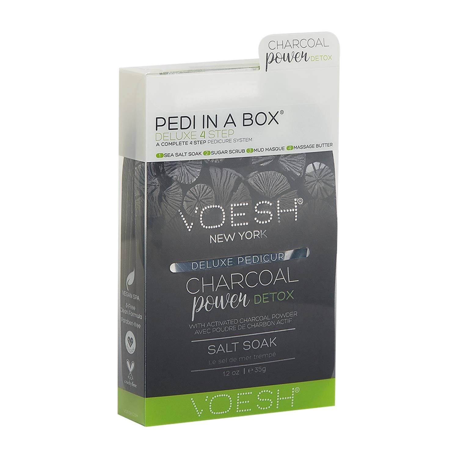 Voesh Charcoal Power Detox Deluxe 4Step Pedicure In A Box with Charcoal Extract.   The Cleanest And Most Hygienic Spa Pedicure Solution. Enriched With Key Ingredients To Give Your Feet The Nutrition It Needs. Each Product Is Individually Packed With The Right Amount For A Single Pedicure.

The Perfect Pedi For:
DIY At-Home Pedicure
Date Night
Bachelorette Parties
Girls’ Night In

The kit contains:
Sea Salt Soak: This soak helps relieve tension, stiffness, minor aches and discomfort in your feet. It helps detox and deodorize the feet.
Sugar Scrub: The scrub gently exfoliates dead skin cells and helps soften your feet. Perfect for use on the soles on your feet.
Mud Masque: The masque removes deep-seated impurities in your skin leaving your feet feeling clean and revived.
Massage Cream: The massage cream hydrates and soothes skin. It softens the soles of your feet and helps prevent dryness and roughness.

4 Step Includes
Sea Salt Soak 35g: to detox & deodorize the feet.
Sugar Scrub 35g: to gently exfoliate dead skin.
Mud Masque 35g: to deep cleanse impurities.
Massage Butter 35g: to hydrate and soothe skin.