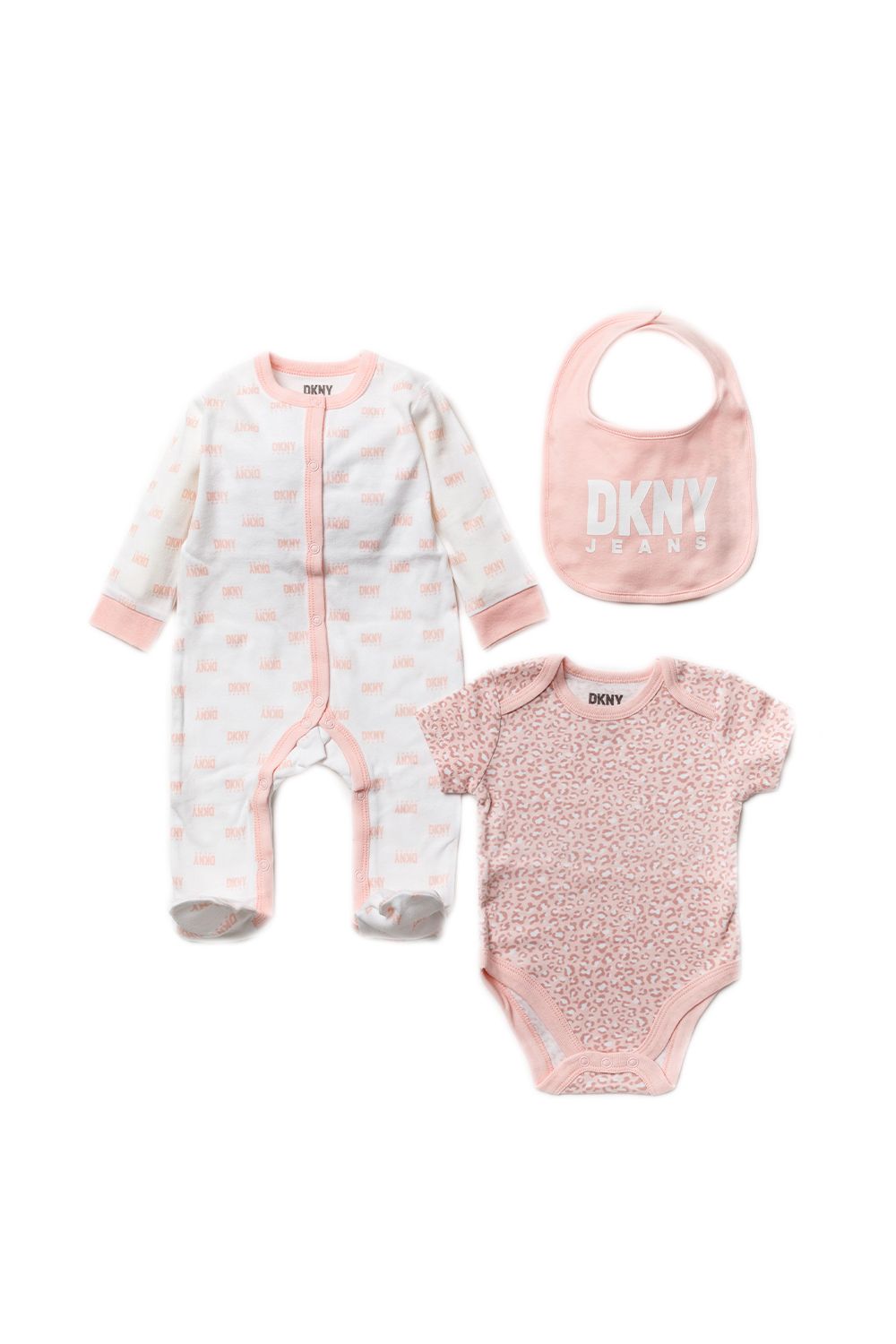 This adorable DKNY Jeans three-piece set includes a printed sleepsuit, bodysuit and a matching bib with the DKNY Jeans logo. The set is cotton, with popper fastenings, keeping your little one comfortable. This would make a sweet gift for the little one in your life!