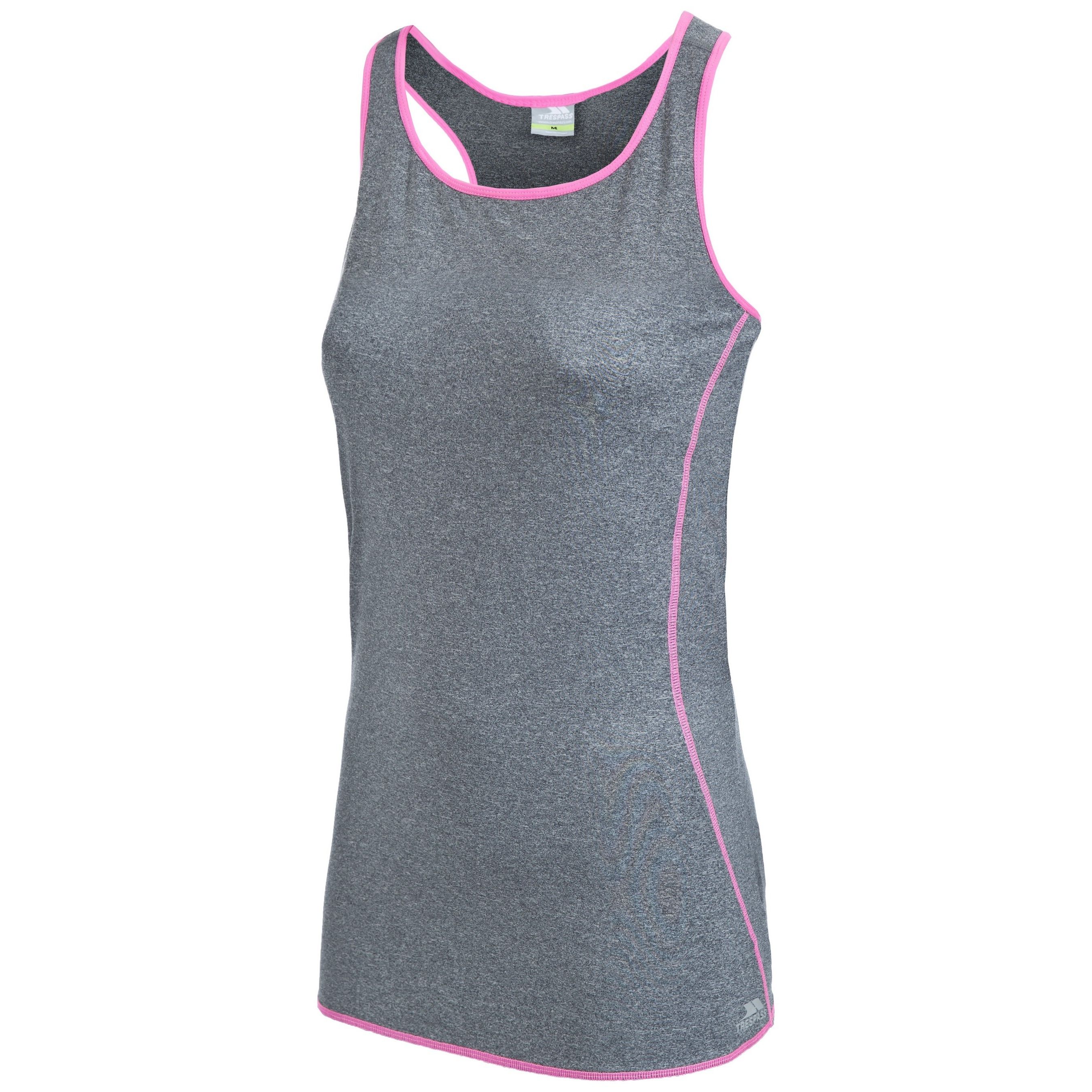 Flat locked seams. Supportive fabric. Contrast trims. Reflective printed logos. Hidden bra support. Wicking. Quick dry. 88% Polyester, 12% Elastane. Trespass Womens Chest Sizing (approx): XS/8 - 32in/81cm, S/10 - 34in/86cm, M/12 - 36in/91.4cm, L/14 - 38in/96.5cm, XL/16 - 40in/101.5cm, XXL/18 - 42in/106.5cm.