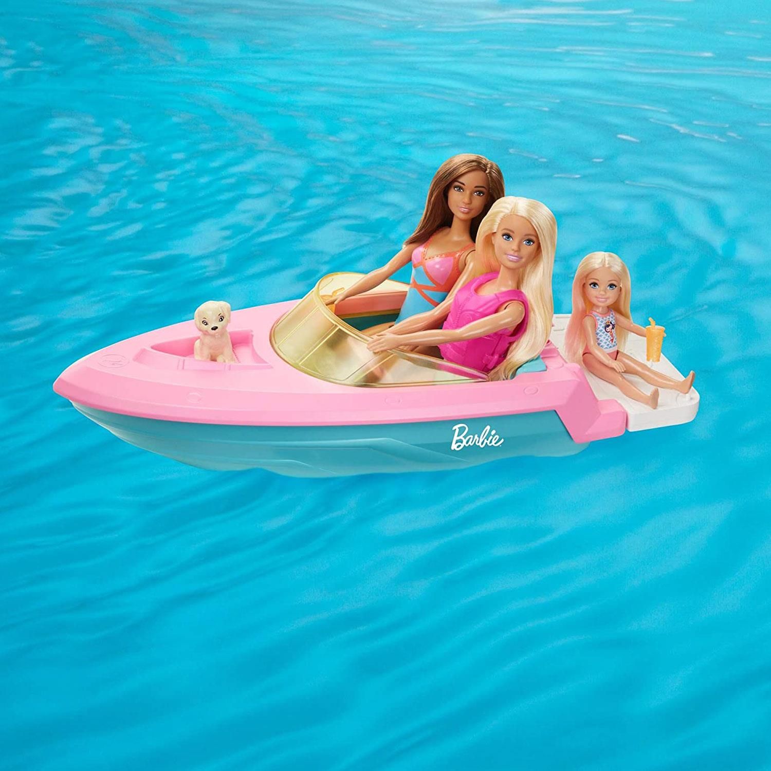 Barbie Boat with Puppy and Accessories, Great Toy Set For Children

Imaginations can take their stories from land to sea with a Barbie boat that really floats! With cool features, a colourful design and room for three dolls (sold separately), kids can load the speed boat up and take their Barbie dolls on all kinds of adventures. Slip a doll into the hot pink life vest and ride through the wake, then park the boat to lounge on the stern with plug-and-play cupholders and beverage accessories. Barbie doll's pet puppy is along for the ride, too -- there's even a special seat on the bow, just for him! A colourful pink and blue design is just a Barbie doll's style, and a translucent yellow weather shield adds another pop of colour. Whether young adventurers take this Barbie boat out on the water or imagine their own ocean of fun, the playtime possibilities are endless because you can be anything with Barbie! Kids can collect more Barbie dolls and accessories to pack the boat full of fun. Each is sold separately, subject to availability. Colours and decorations may vary.

Features:

Inspire travel adventures with a Barbie boat that really floats!
With cool features, a colourful design and room for 3 dolls (sold separately), this pink and blue speedboat spark endless sea-inspired stories.
Barbie doll's pet puppy is along for the ride -- there's even a special seat on the bow, just for him!
Park the boat to lounge on the stern with plug-and-play cupholders and beverage accessories!
Whether young adventurers take this Barbie boat out on the water or imagine their own ocean of fun, the playtime possibilities are endless because you can be anything with Barbie!

Specifications: 

Toy Form: Barbie Boat 
Age Range: 3 Years & Above
Material: Abs Plastic
Colour: Blue & Black

Package Includes: Barbie Boat with Puppy and Accessories