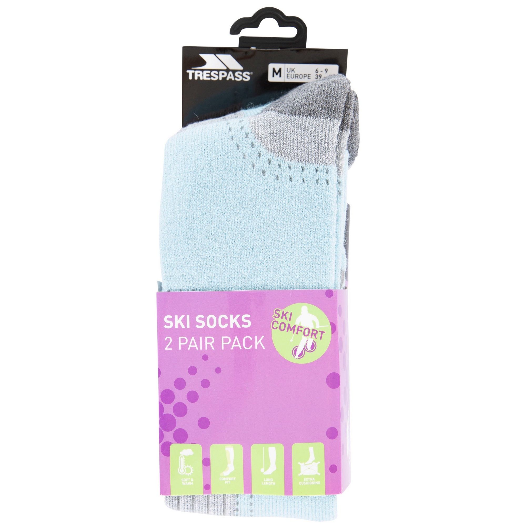 Womens ski socks with snug fit. 2 pairs per pack. Fit halfway up the calf. Ideal for skiing. 85% Acrylic, 13% Polyamide, 2% Elastane.