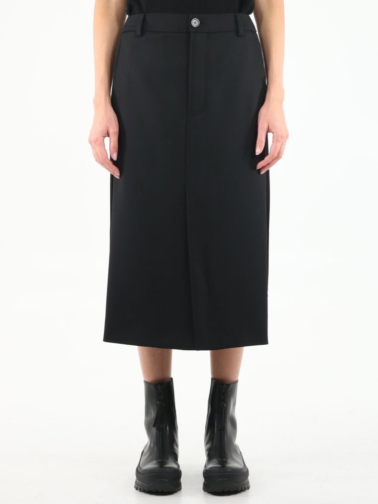 Satin skirt with a front wool skirt-style decorative panel, and a zip concealed fastening at the back.