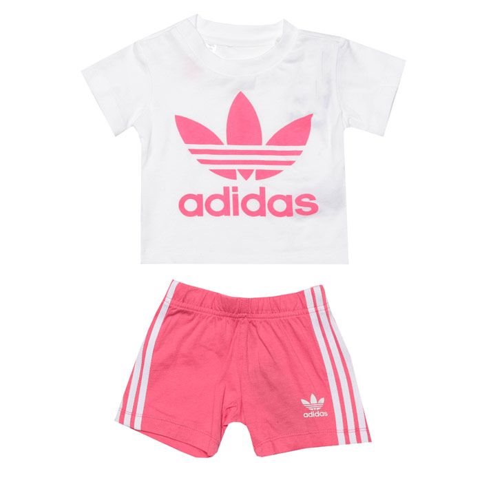 Infant Girls adidas Originals Trefoil T-Shirt and Shorts Set in white - real pink.<BR><BR>T-Shirt:<BR>- Ribbed crew neck.<BR>- Short sleeves.<BR>- Oversize Trefoil logo printed to chest.<BR>- Regular fit.<BR>- Main material: 100% Cotton.  Machine washable.<BR><BR>Shorts:<BR>- Elasticated waist with inner drawcord.<BR>- Applied 3-Stripes to sides.<BR>- Trefoil logo printed above left hem.<BR>- Regular fit.<BR>- Main material: 100% Cotton.  Machine washable.<BR>- Ref: ED7668<BR><BR>Please note this style is sold as a set.  Returns will only be accepted if both items are returned together.