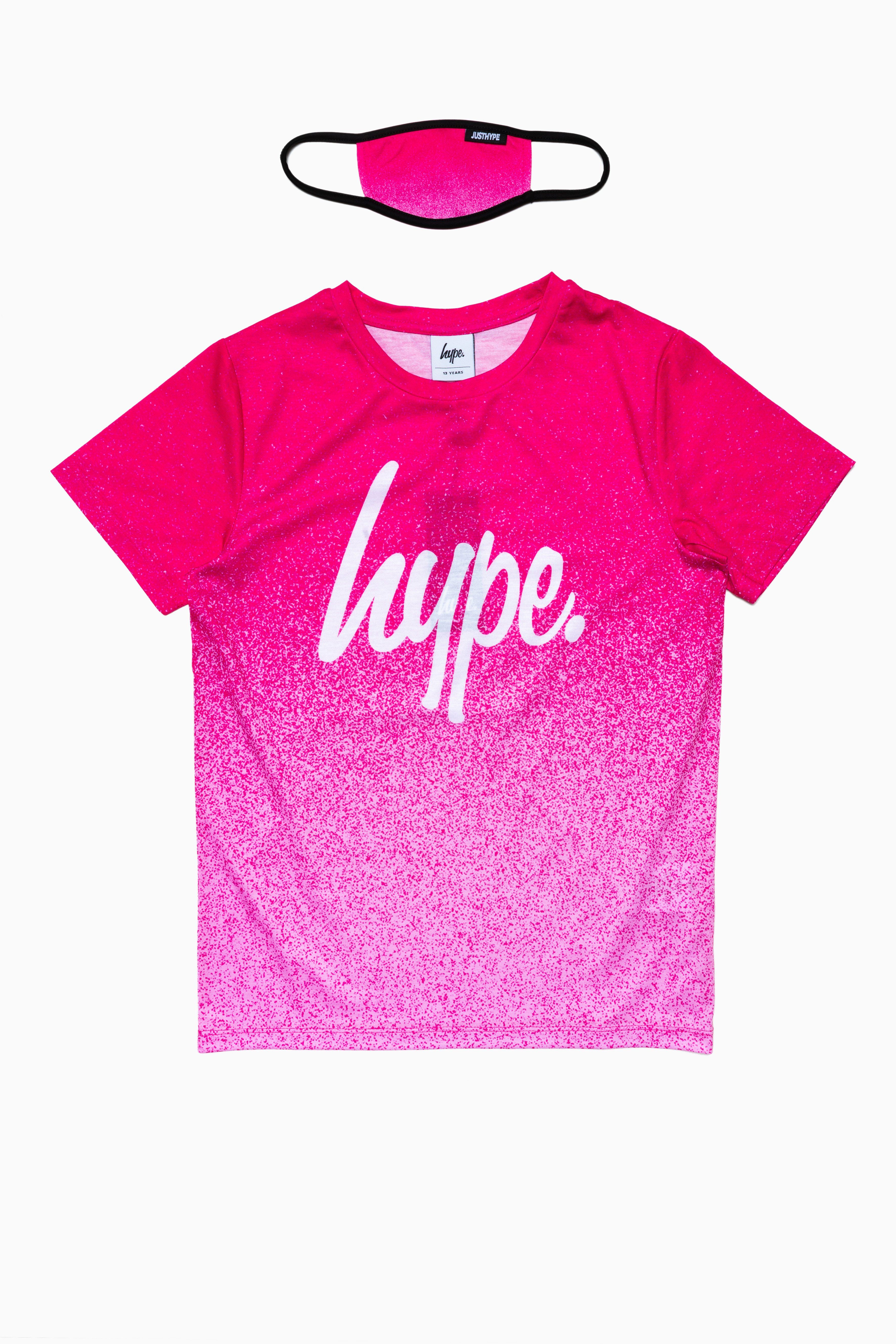 If you love pink, this is the combo you need to add to your everyday 'drobe. The HYPE. kids pink speckle t-shirt and face mask set, perfect for those who love to co-ordinate. Designed in our iconic speckle fade print in a pink and white colour palette. The T-shirt features our unisex standard t-shirt shape, with a crew neckline and short sleeves, finished with the supreme amount of comfort. The face masks is in a kids size, with an ear loop design in the perfect amount of comfort and breathing space you require. Machine wash at 30 degrees.