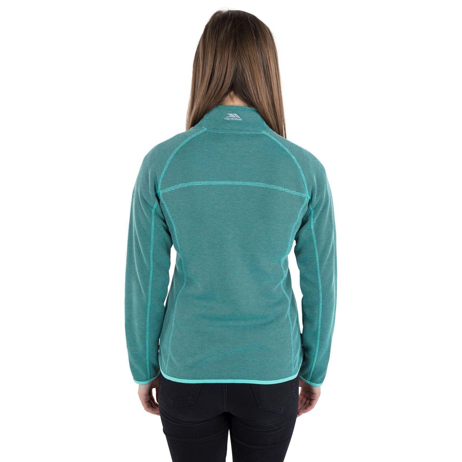 Womens patterned bonded fleece. Coverstitch detail. 2 zip pockets. Stretch binding at cuffs and hem. 100% polyester.