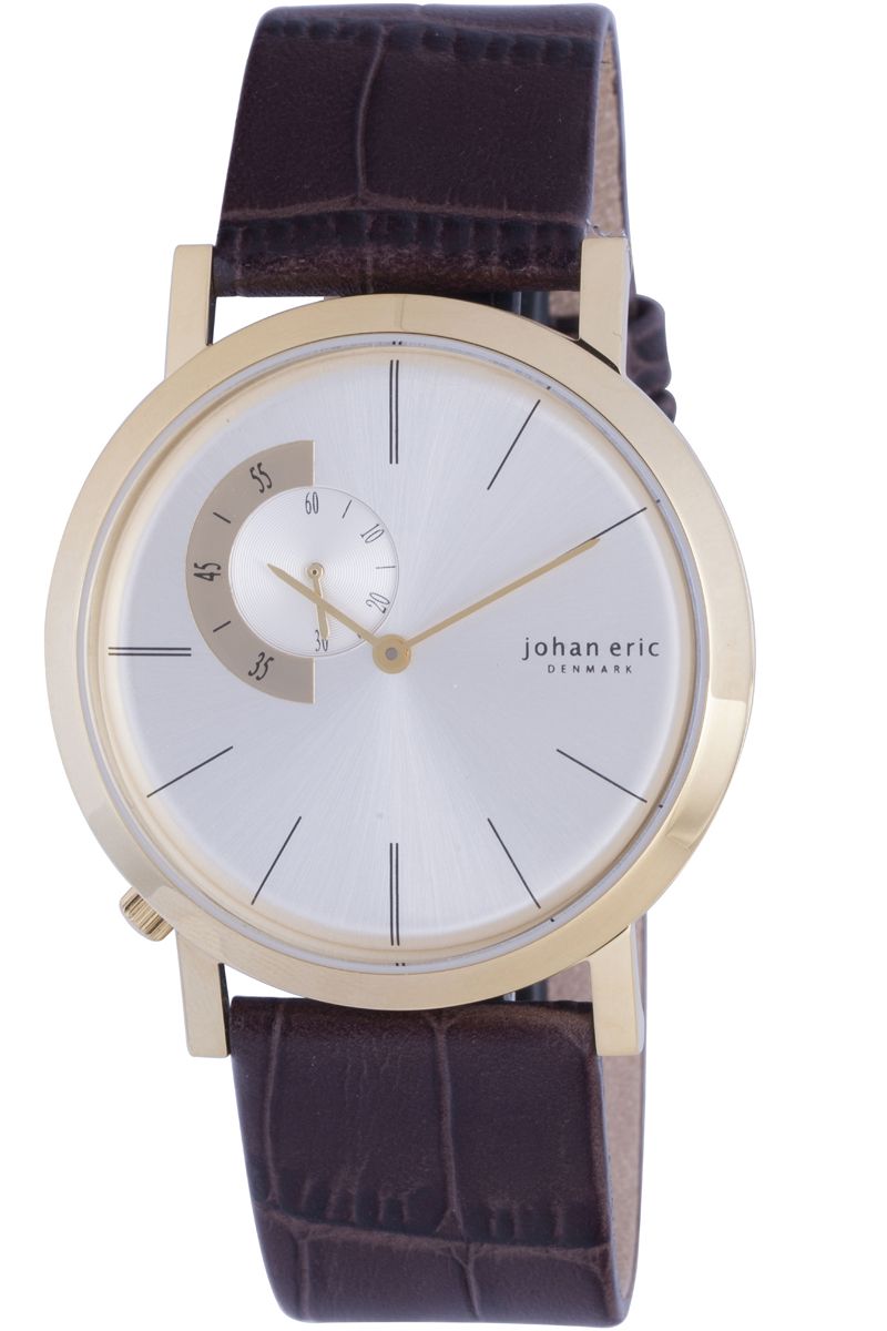 Johan Eric Randers, Men's, Silver sunray Dial Watch, Gold IP Coated Stainless Steel Case & clasp, Brown genuine Leather Strap w crocodile pattern