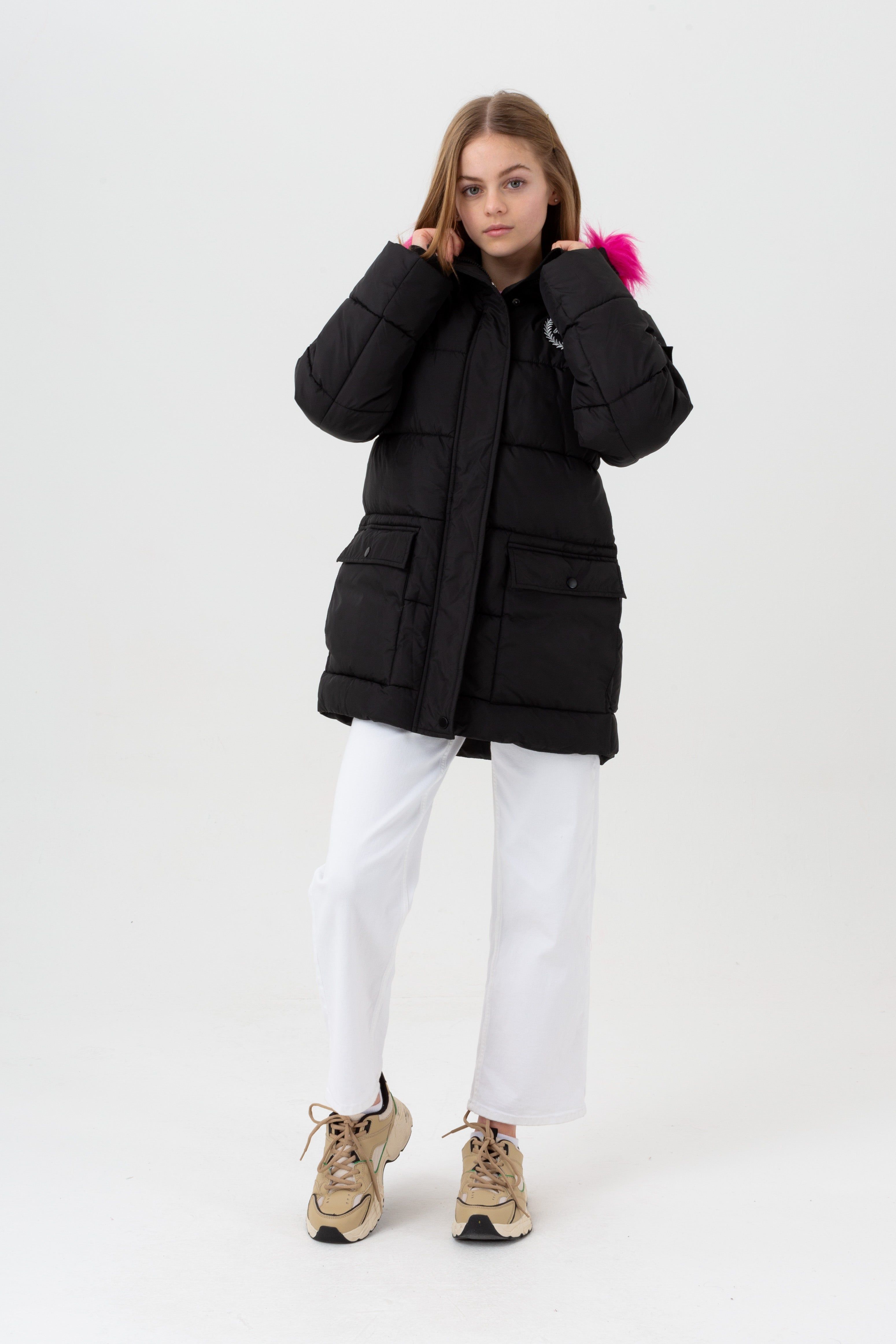 Meet the HYPE. Girls Black Bloom Crest Explorer Jacket, perfect for braving the cold weather this season. Designed in our quilted explorer jacket shape, boasting a pink faux fur hood and embroidered HYPE. Crest. Wear with jeans and a t-shirt or a HYPE. hoodie and matching joggers for the ultimate comfortable fit.