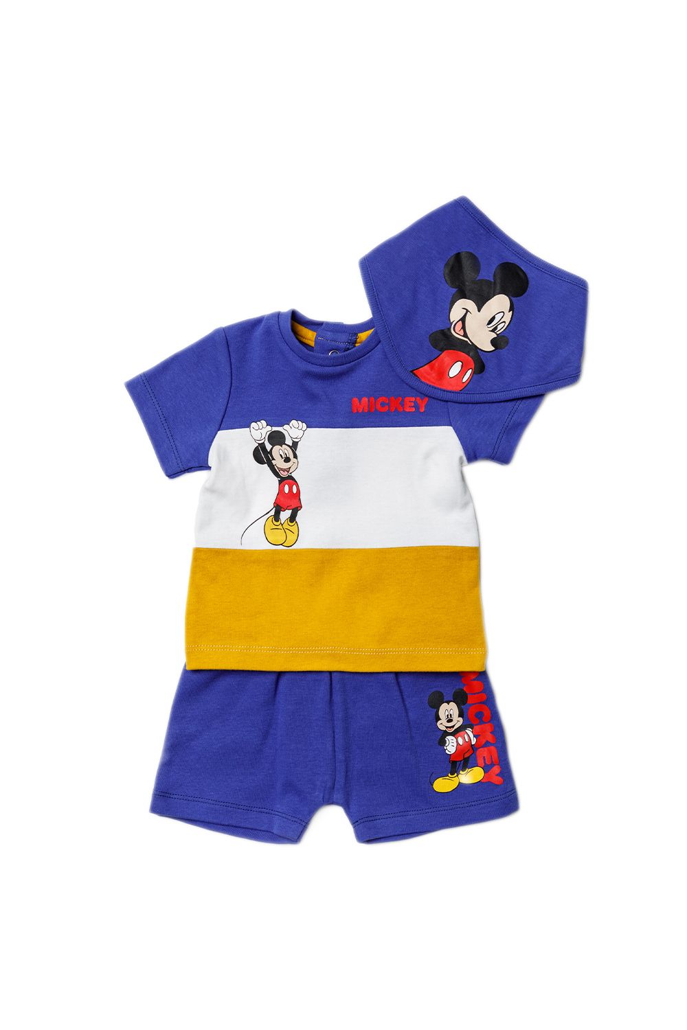 This adorable Disney Baby three-piece set features a vibrant Mickey Mouse print. The set includes a printed t-shirt, a pair of shorts and a matching bib! The t-shirt, shorts and bib are all cotton, keeping your little one comfortable. This set would make a lovely gift or a new addition to your little ones wardrobe!