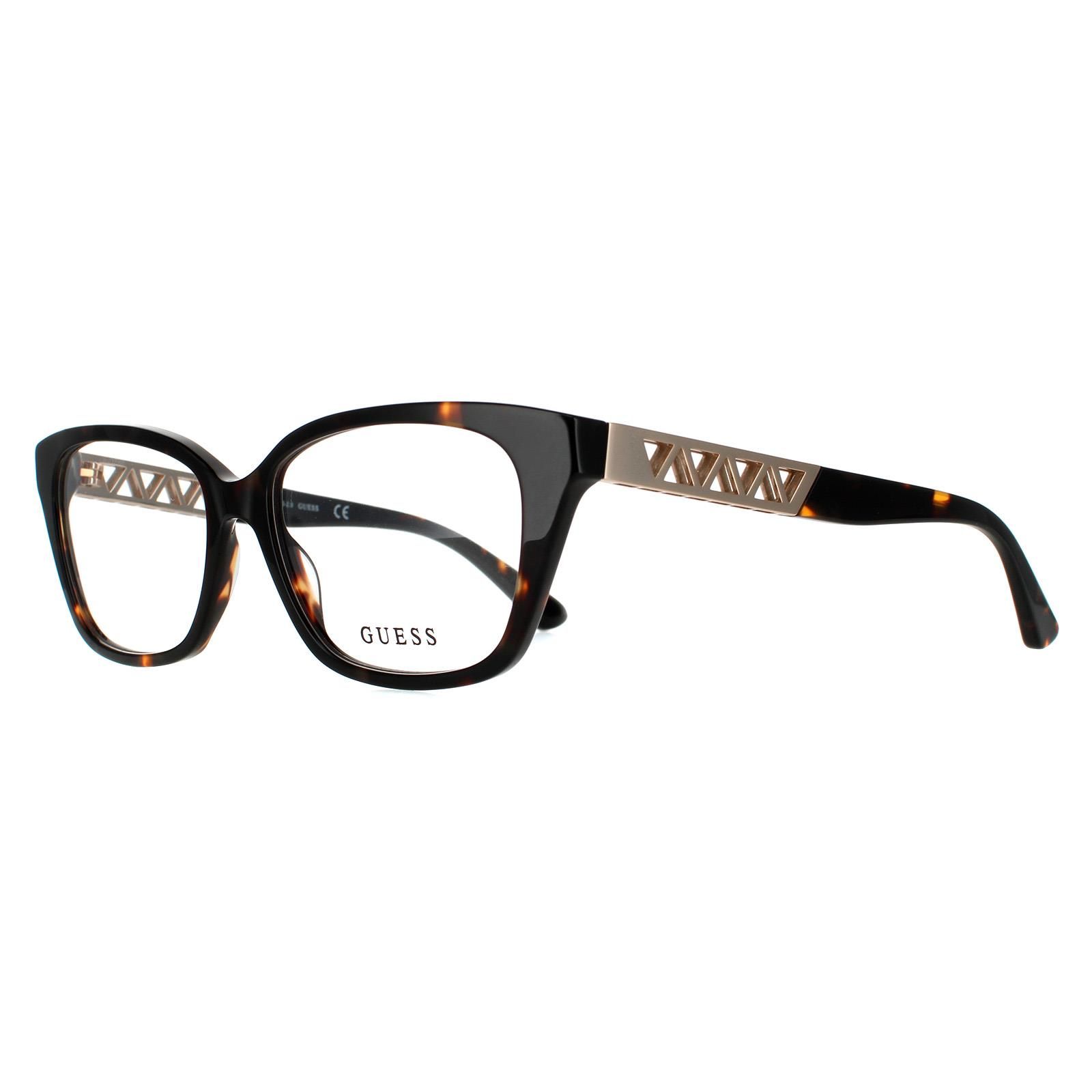 Guess Rectangular Womens Dark Havana Glasses Frames GU2784 are a stunning square design crafted from lightweight plastic with a metal cut out motif along the temples that has a sparkling chain attachment.