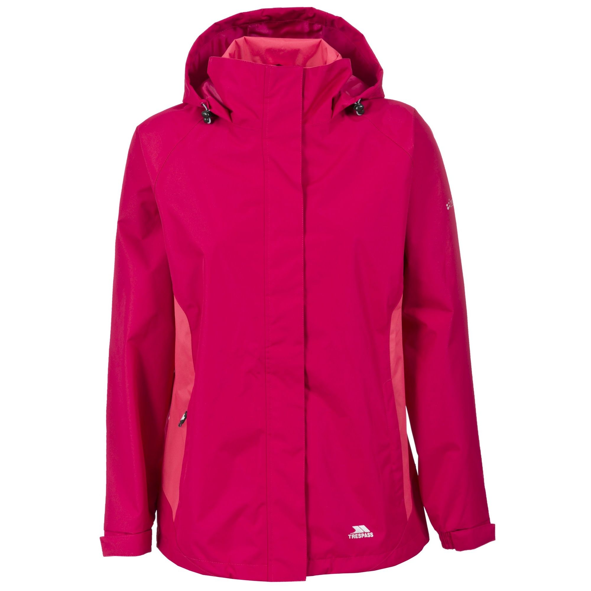Shell jacket. Mesh lining. Adjustable concealed hood. 2 zip pockets. Adjustable drawcord at hem. Elasticated cuffs with tab adjuster. Waterproof 3000mm, windproof, taped seams. Shell: 100% Polyester Pongee PVC coating, Lining: 100% Polyester mesh. Trespass Womens Chest Sizing (approx): XS/8 - 32in/81cm, S/10 - 34in/86cm, M/12 - 36in/91.4cm, L/14 - 38in/96.5cm, XL/16 - 40in/101.5cm, XXL/18 - 42in/106.5cm.