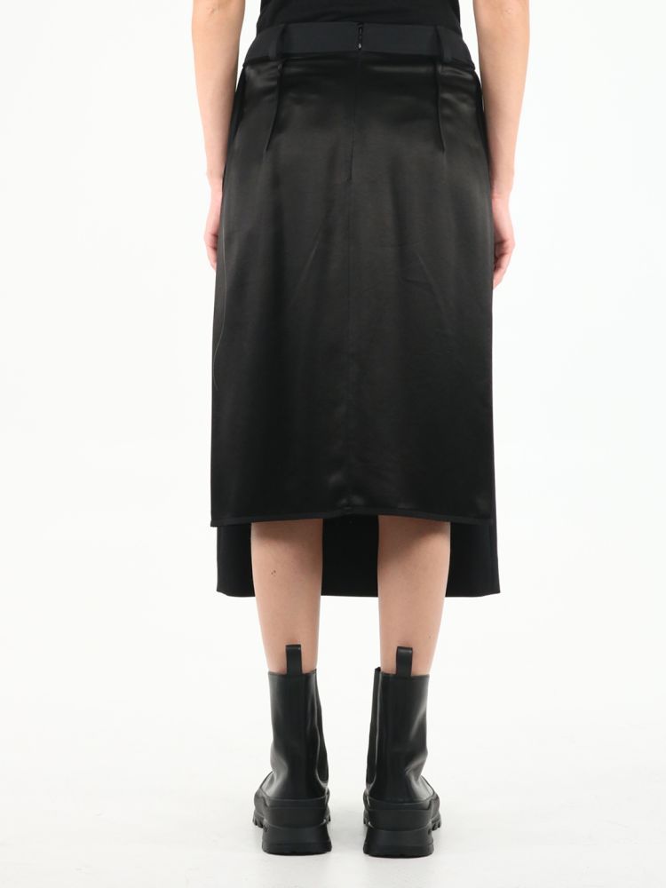 Satin skirt with a front wool skirt-style decorative panel, and a zip concealed fastening at the back.