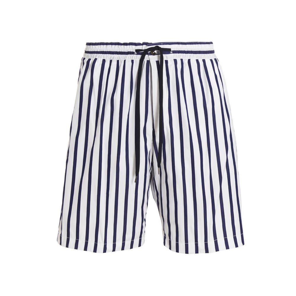 Stripe print cotton bermuda shorts with drawstring elastic waistband and pockets.