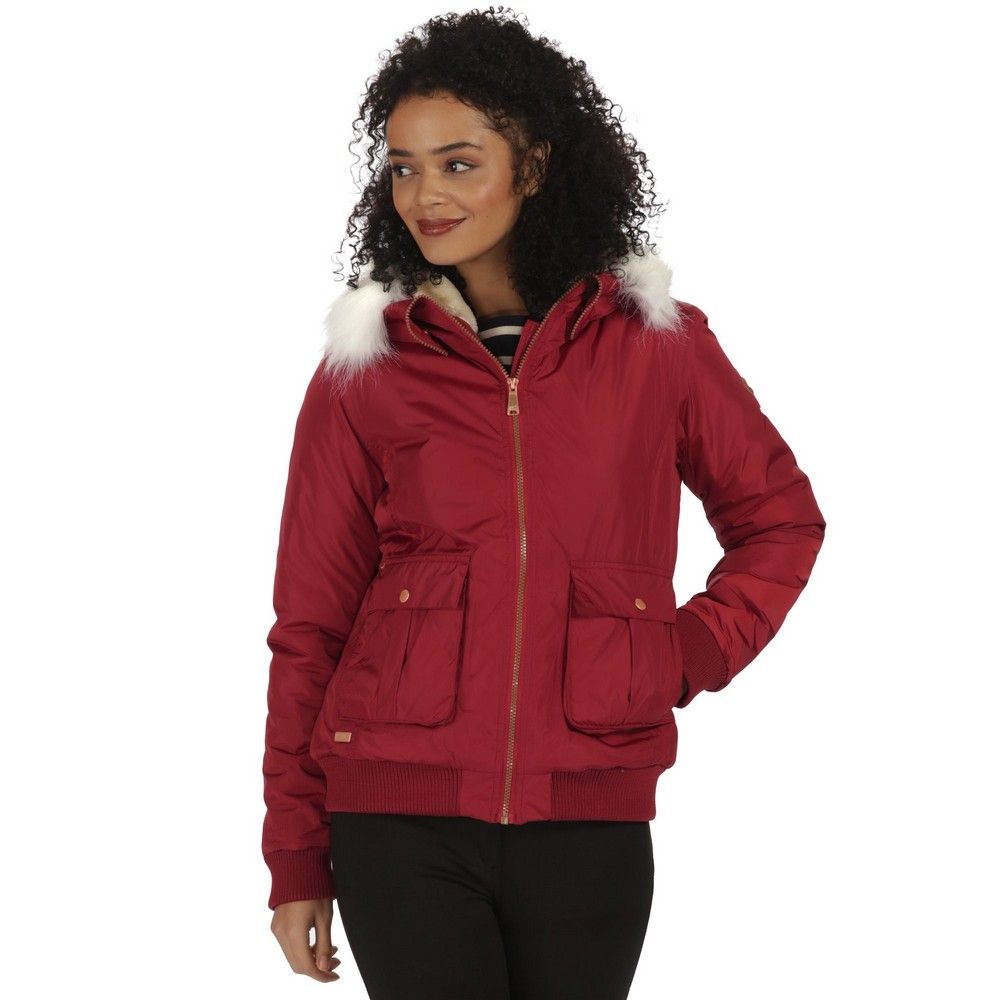 Warm and waterproof drapery jacket with oversized hood. Waterproof Hydrafort 100% polyester high shine fabric. Internal security pocket. Taped seams. Grown on hood with adjuster and removable faux fur trim. Thermo guard insulation. Ribbed cuffs and hem. Polyester taffeta lining with strategic quilt to back panel. 2 lower patch pockets with handwarmer access.