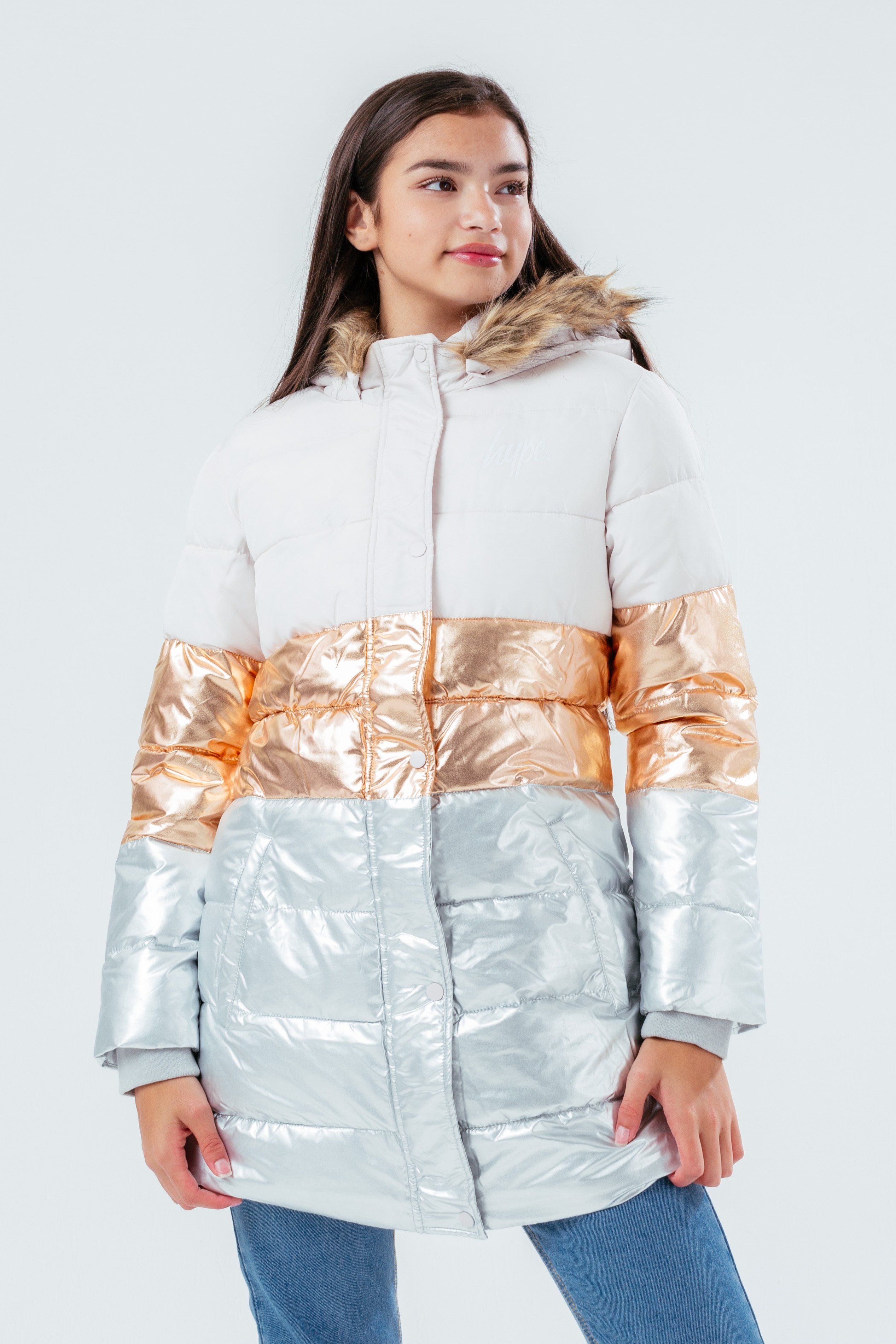 Hype Longline Metallic Panel Kids Puffer Jacket With Fur Hood