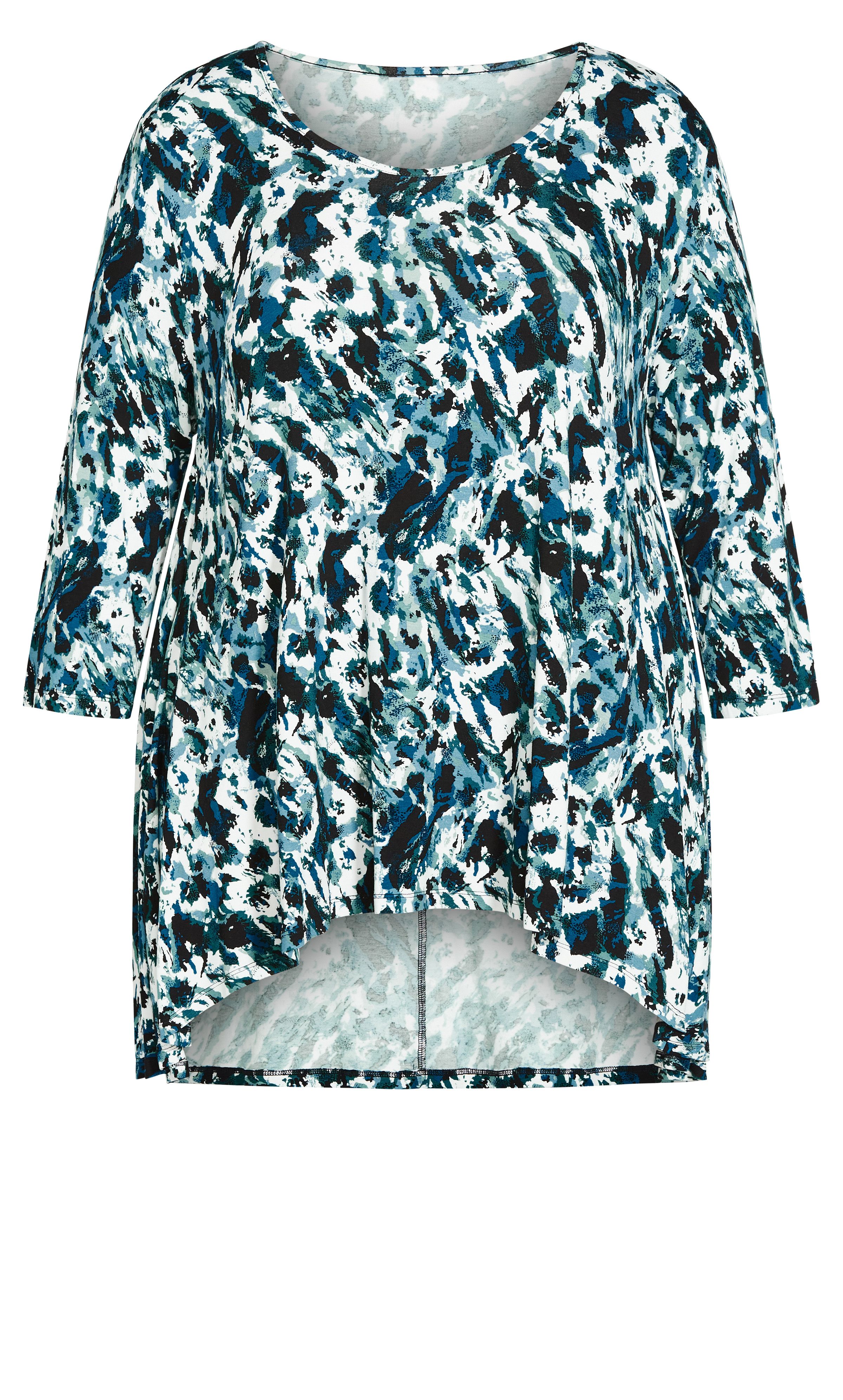 Upgrade your wardrobe with the Malabar 3/4 Sleeve Tunic. Stay on trend with the ultra cool blue brushstroke print and hi-lo hemline. Key Features Include: - Round neckline - Elbow-length sleeves - Pull-over fit - Flowy relaxed silhouette - Soft, stretch fabrication - Hi-lo below hip length hemline Upstyle your look with white skinny jeans and espadrille platform sandals.