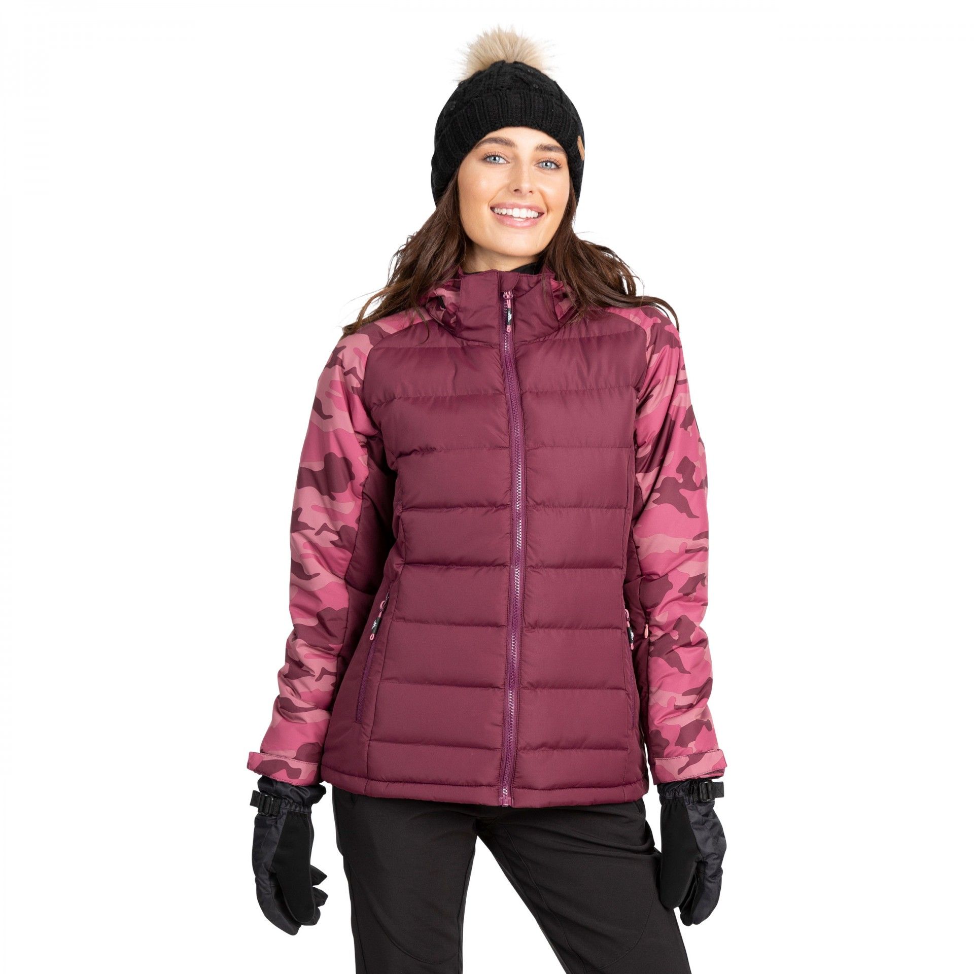 Shell material: 100% polyester pongee AC coated. Lining and filling material: 100% polyester. Urge women`s ski jackets are expertly woven with a lightly padded windproof shell. Features a zip-off hood, a high neck with a full zip front fastening, 1 ski pass zip pockets, 2 side zip pockets and long sleeves. Also features wrist guards at the adjustable touch fastening cuffs, an inner storm flap, a snowskirt and a drawcord at the hem. The padded jacket is decorated with camo print panels to detail.
