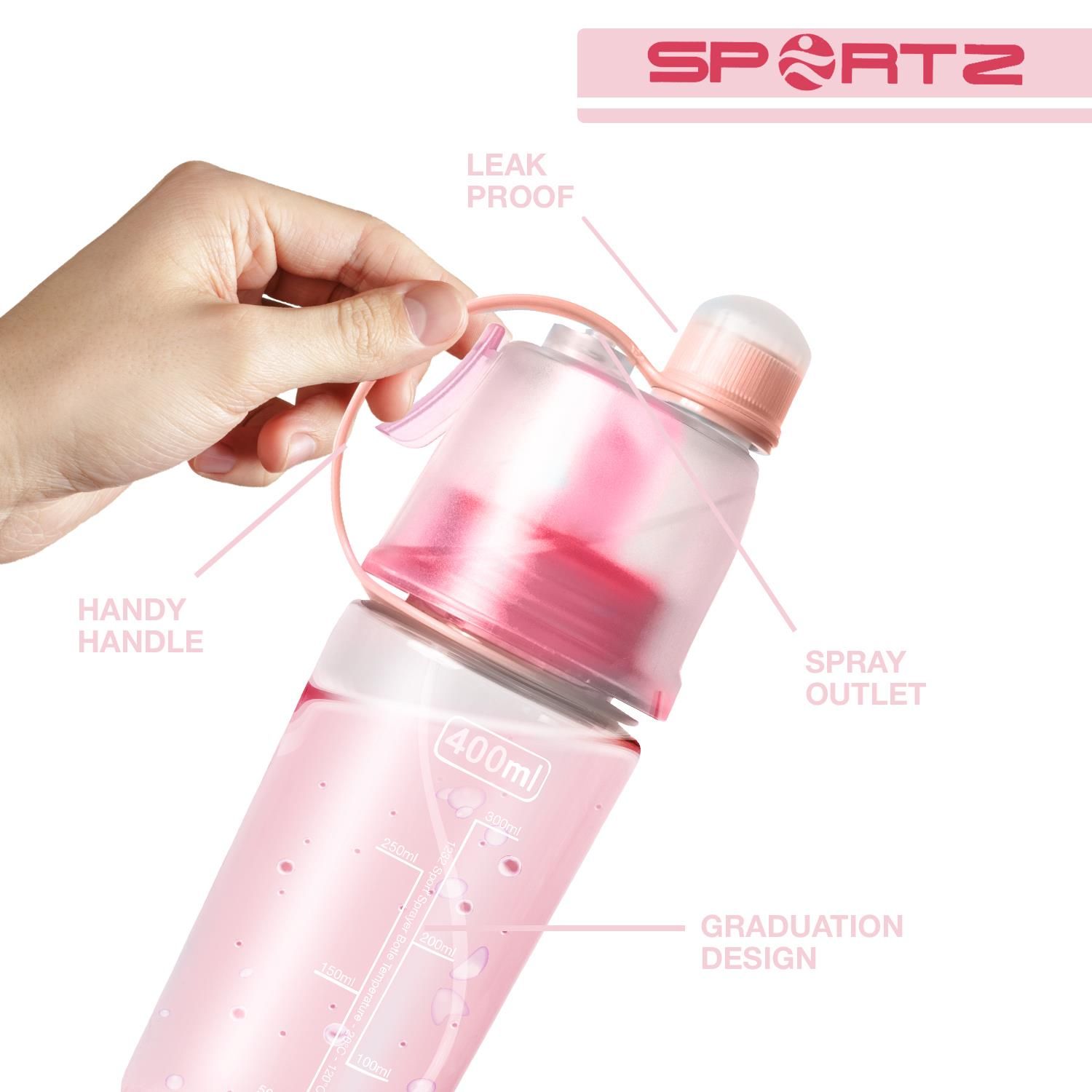 Travel Sports Water Bottle with Spray Function 400ml.  This spray water bottle has a button on the top of bottle to enable you to spray water.  Graduated design, there is scales on the bottle, so you can check your water capacity easily.  Leak proof design prevents the water leaking out. With portable handle and anti-lost lid, convenient to carry this sport water bottle to anywhere. Handle design is convenient for you to carry whether you are camping, hiking or traveling.  This creative water bottle can be useful in the car, train, office, school, sport or the gym. Water to quench your thirst, cooling spray, very suitable for students, office workers, sportsmen, outdoor people, groups, long-term driving.