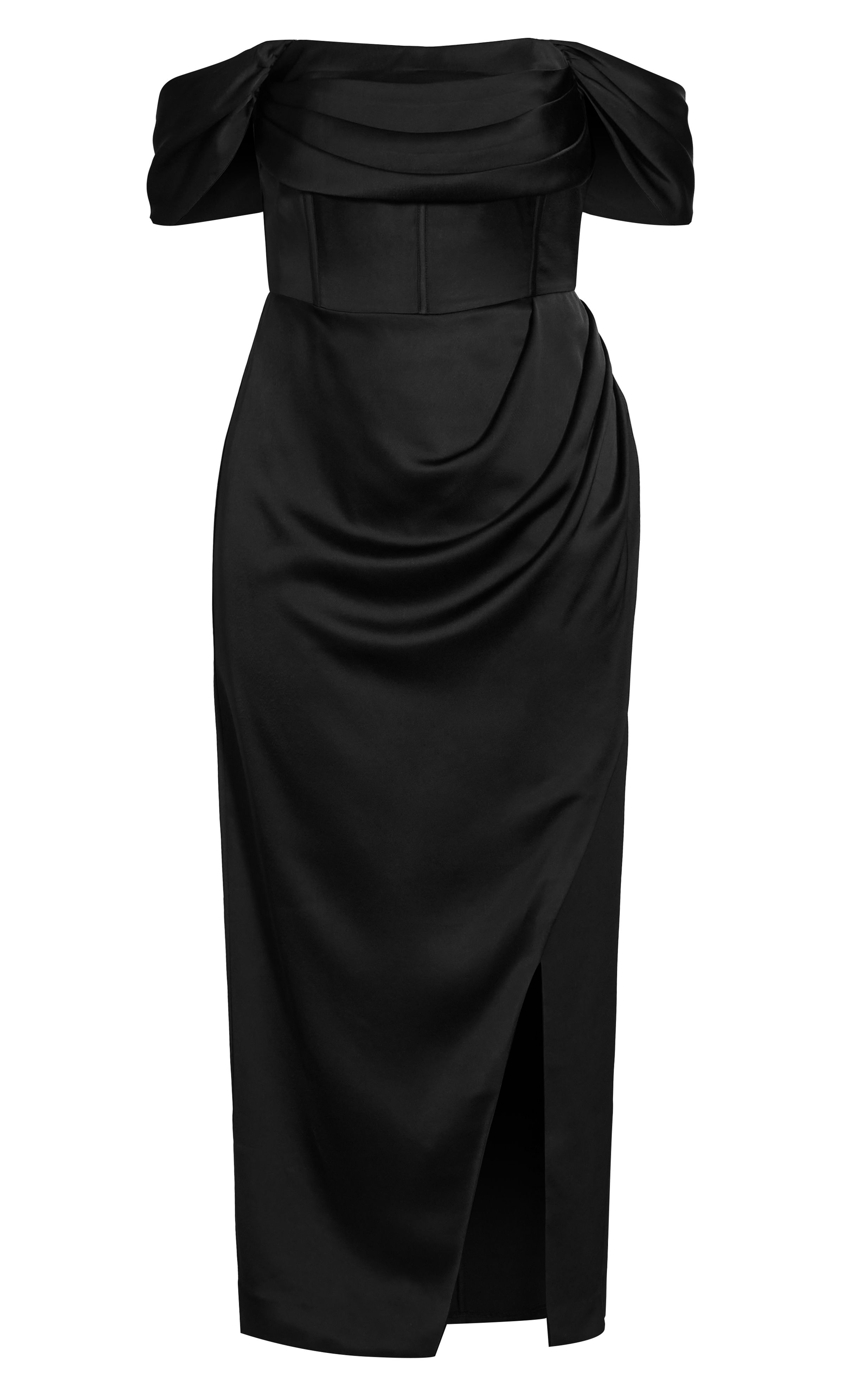 Flirt with danger in the luxe, black Forbidden Love Maxi Dress. Featuring a straight neckline, off-shoulder sleeves, a wrap-style maxi skirt with a sexy slit to the thigh, this indulgent dress will have you turning heads wherever you go. Key Features Include: - Straight neckline - Off-shoulder sleeves - Boning to bodice - Gathered waistline - Slit to skirt - Lined - Invisible zip closure to reverse - Maxi length hemline Match this dress to a glitter pod clutch and a bold burgundy lip to tie your ensemble together!