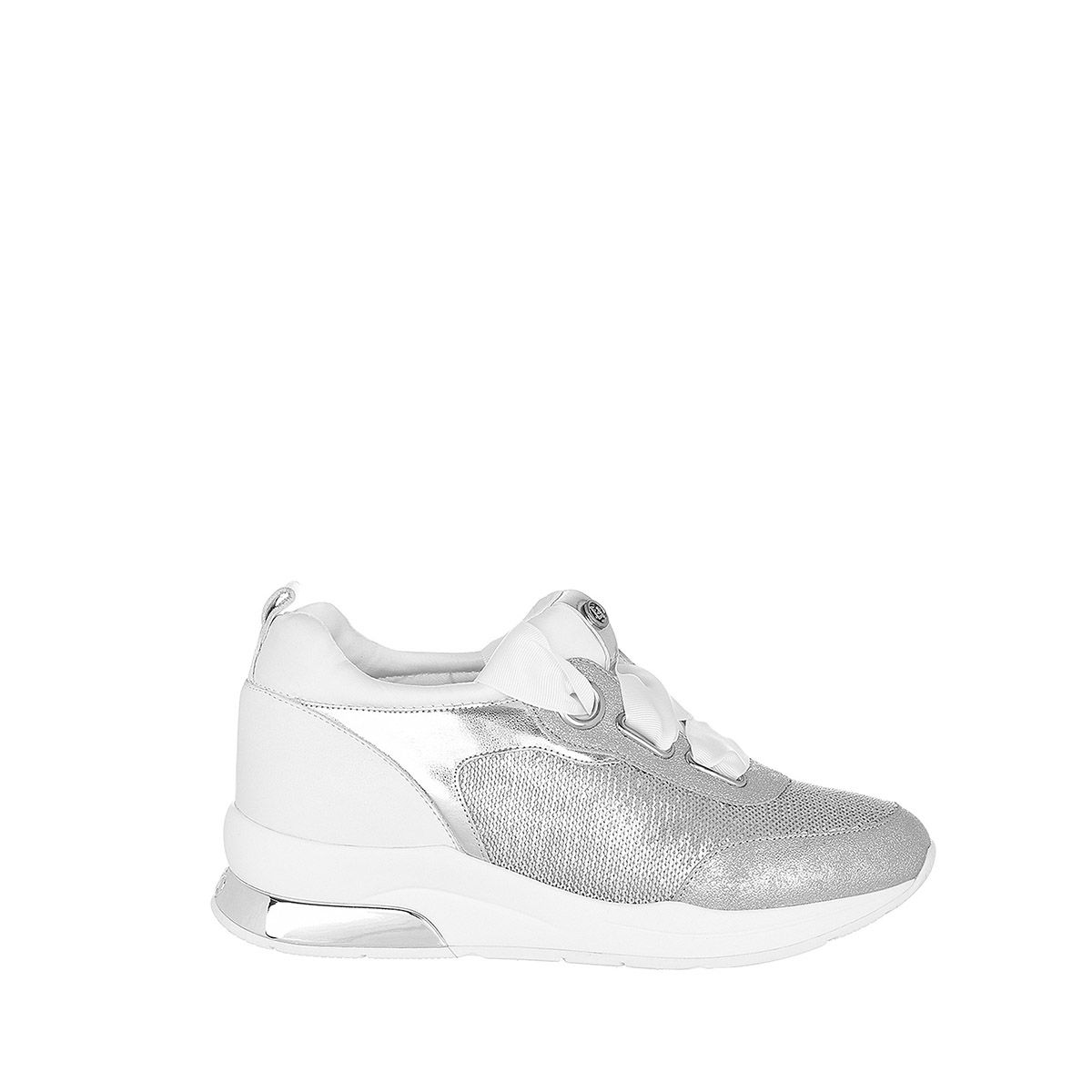 Lace Up Leather Sneakers Karlie Liu Jo, genuine leather woman shoes in genuine leather with paillettes. Feminine and casual, with comfortable rubber sole, ballet shoe style laces, and LJ metal logo.