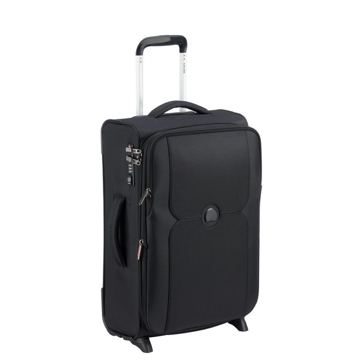 Expandable Slim Cabin Case Mercure 55 cm Delsey, hand luggage in light and durable fabric, with zipped compartment, front pocket, side handle, two silent wheels, TSA combination lock, and double tube telescopic handle.
