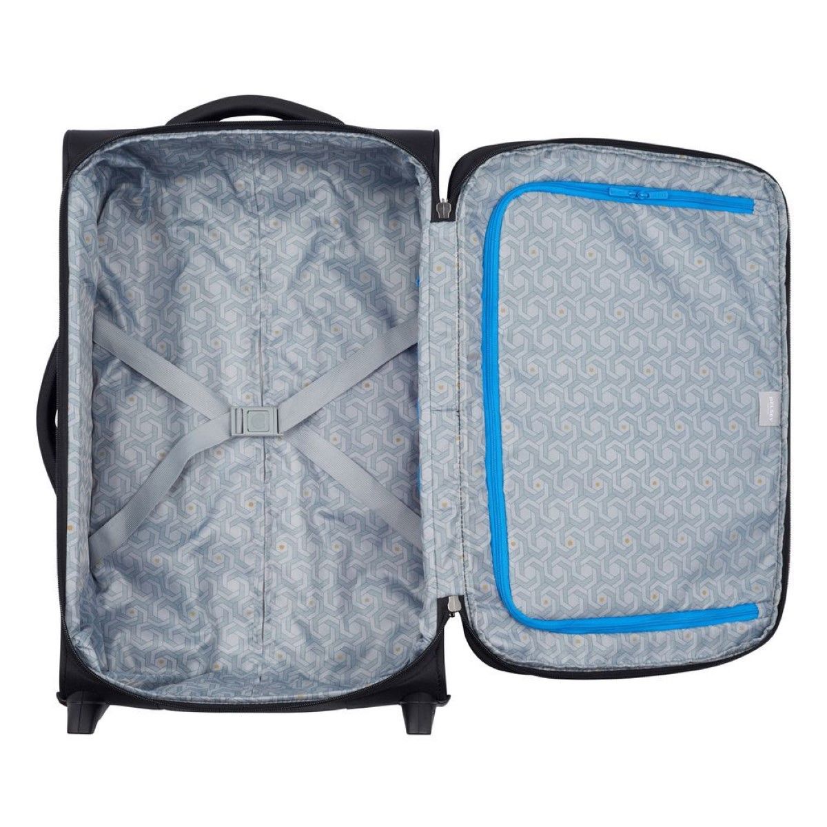 Expandable Slim Cabin Case Mercure 55 cm Delsey, hand luggage in light and durable fabric, with zipped compartment, front pocket, side handle, two silent wheels, TSA combination lock, and double tube telescopic handle.