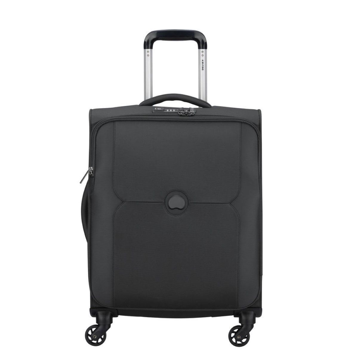 Mercure Slim Cabin Case 55 cm Delsey, light handluggage in durable fabric, with two silent wheels, double tube telescopic handle, TSA combination lock, front pocket, zipped compartment, and side handles.