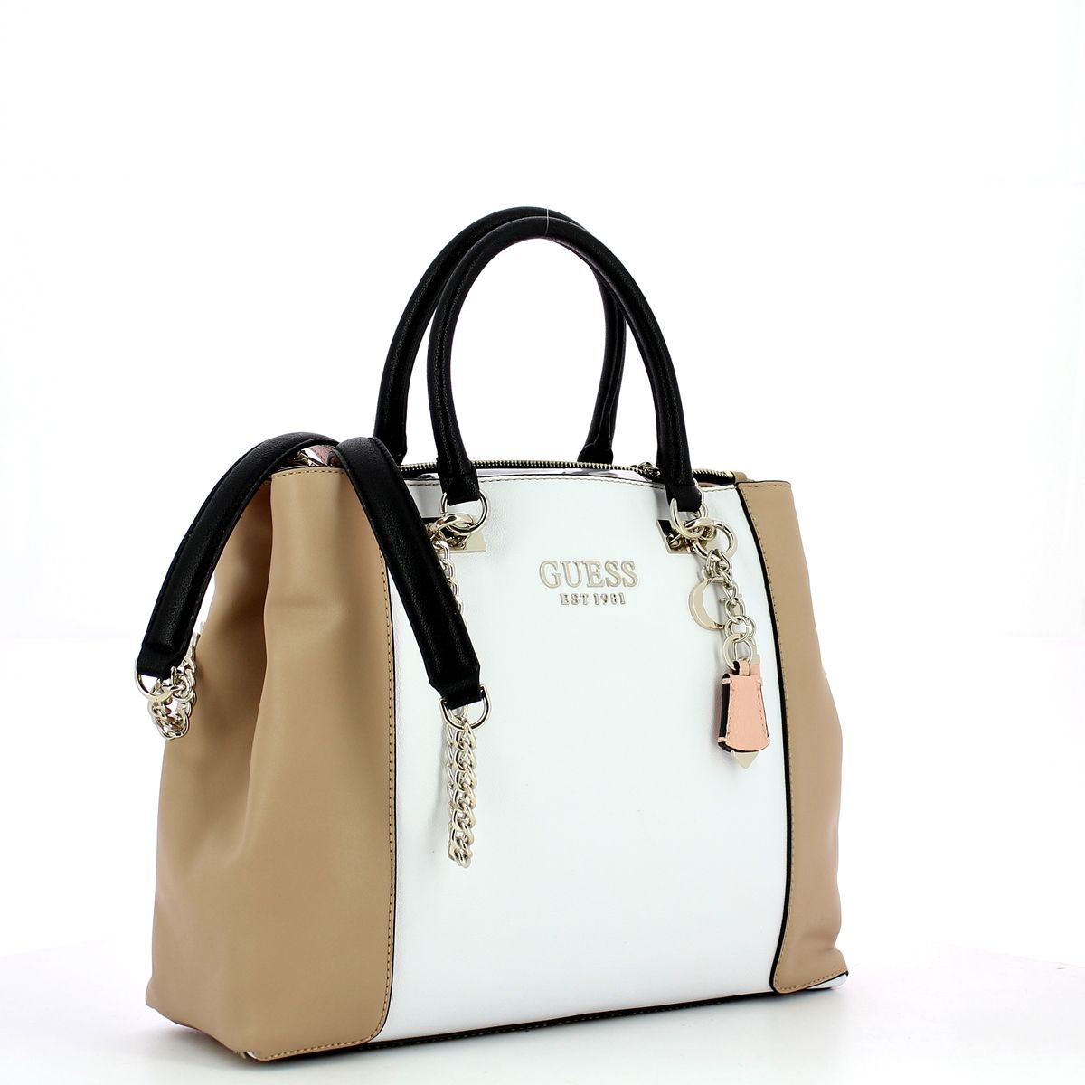 Holly Society Luxe Color Block Carryall Guess, sophisticated and spacious faux leather woman handbag with two sets of handles, three compartments, and multiple pockets.