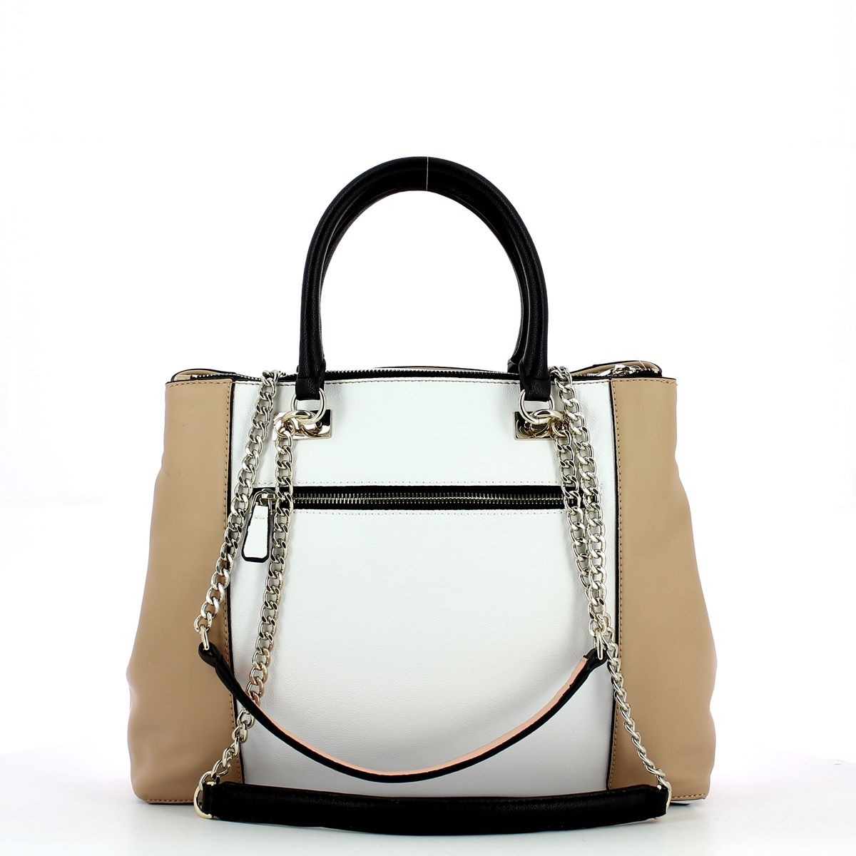 Holly Society Luxe Color Block Carryall Guess, sophisticated and spacious faux leather woman handbag with two sets of handles, three compartments, and multiple pockets.