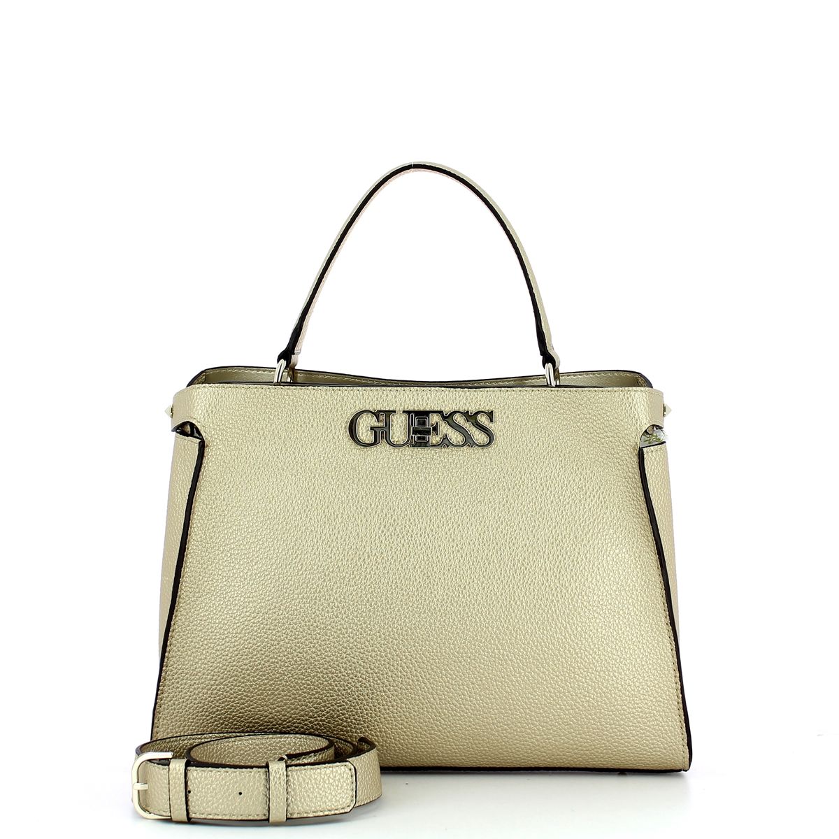 Large Uptown Chic Gold Turnlock Satchel Guess, top handle woman accessory with removable crossbody, made in soft, pebbled faux leather, with two compartments and metal logo.