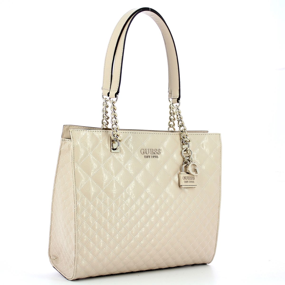 Queenie 4G Tote Bag Guess, glamorous quilted faux leather, with zipped compartment, back pocket, and inner lining.