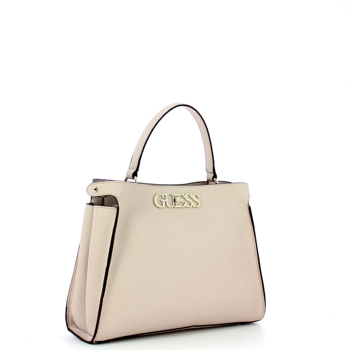 Large Uptown Chic Turnlock Satchel Guess, modern top handle woman handbag in faux leather, with front logo, removable crossbody, and two compartment.
